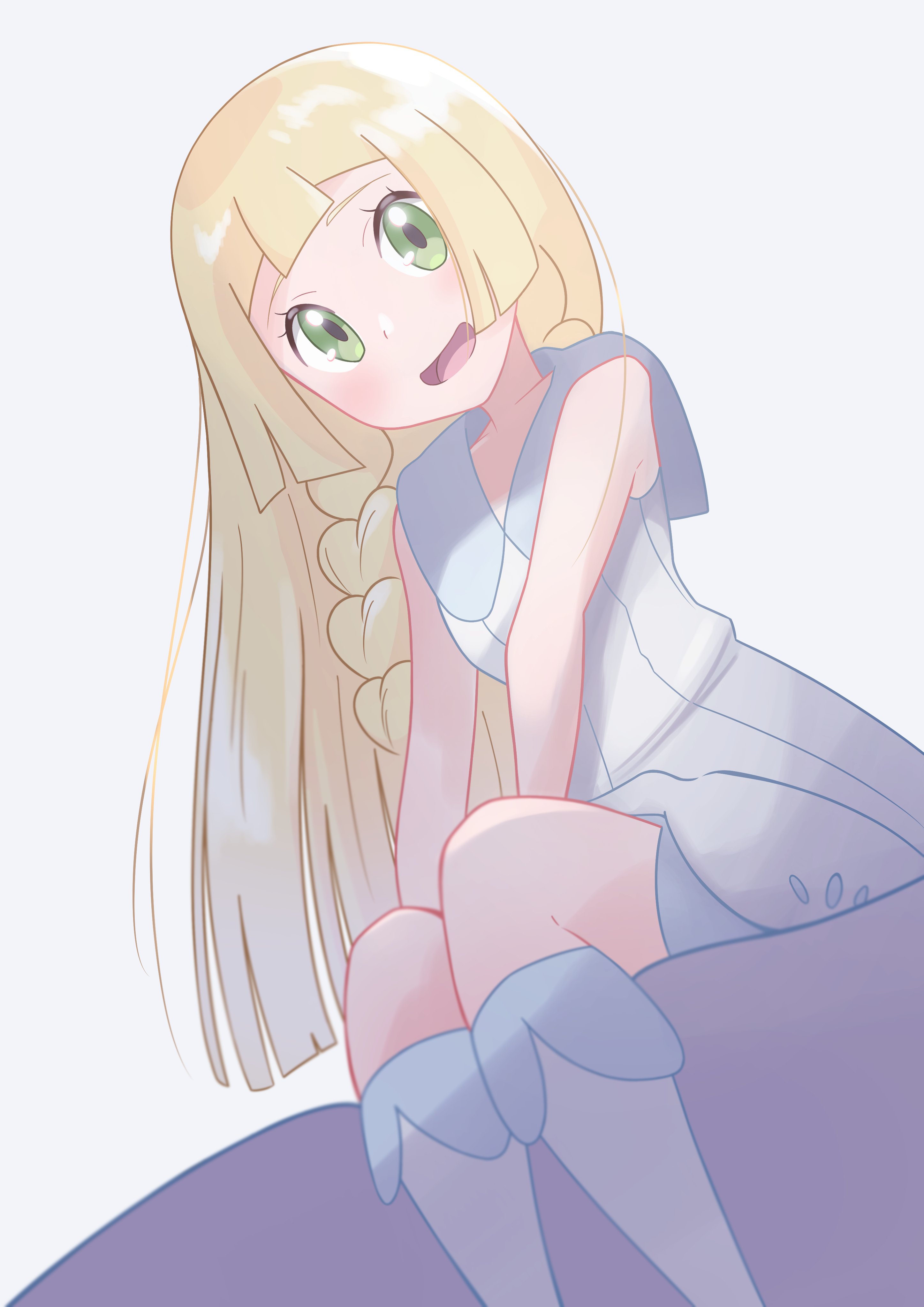araki megami, lillie (pokemon), nintendo, pokemon, pokemon sm, absurdres, highres, 1girl, :d, blonde hair, boots, braid, dress, green eyes, knee boots, long hair, open mouth, sitting, sleeveless, sleeveless dress, smile, solo, white background, white boots, white dress
