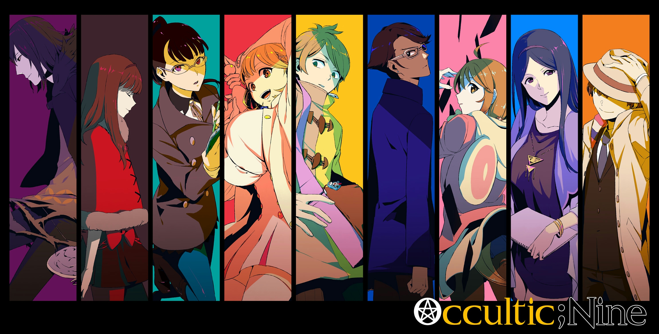hiwomushi, aikawa miyuu, gamon yuuta, hashigami sarai, kurenaino aria, moritsuka shun, narusawa ryouka, nishizono ririka, sumikaze touko, occultic;nine, science adventure, check clothing, clothing request, highres, :o, ahoge, animal ear hood, ascot, black boots, black eyes, black gloves, black hair, black hairband, black jacket, black pants, blue jacket, blue necktie, blue pantyhose, blunt bangs, boots, bow, bracelet, breasts, brown coat, brown eyes, brown gloves, brown hair, brown jacket, buttons, capelet, capelet bow, closed eyes, coat, collared shirt, copyright name, double-breasted, dress bow, dress shirt, earrings, everyone, expressionless, eye of providence, fake animal ears, fedora, fur-trimmed capelet, fur trim, glasses, gloves, gold necklace, green eyes, green hair, grey eyes, grey neckerchief, hair ornament, hairband, hairclip, hat, headband, heart, heart button, heart hair ornament, high-waist skirt, high ponytail, holding, holding pen, hood, hood down, hooded jacket, huge breasts, impossible clothes, jacket, jewelry, knee boots, kusakabe kiryuu, leather, leather jacket, long hair, long sleeves, looking at viewer, looking to the side, medium breasts, medium hair, miniskirt, multicolored coat, neckerchief, necklace, necktie, one eye covered, open clothes, open coat, open mouth, pants, pantyhose, parted lips, pen, pink jacket, pink shirt, pink skirt, ponytail, purple capelet, purple headband, purple sweater, red capelet, shirt, short hair, single earring, skirt, smile, suit jacket, sweater, teeth, thighhighs, thighs, tongue, white coat, white shirt, white thighhighs, yellow ascot, yellow coat, yellow hood