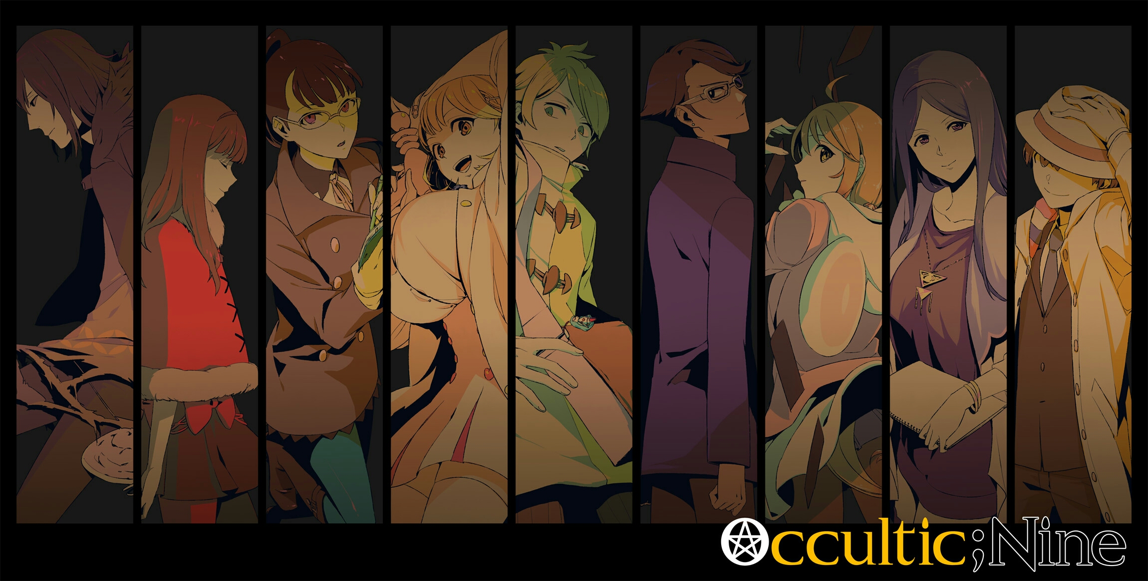hiwomushi, aikawa miyuu, gamon yuuta, hashigami sarai, kurenaino aria, moritsuka shun, narusawa ryouka, nishizono ririka, sumikaze touko, occultic;nine, science adventure, check clothing, clothing request, highres, :o, ahoge, animal ear hood, ascot, black boots, black eyes, black gloves, black hair, black hairband, black jacket, black pants, blue jacket, blue necktie, blue pantyhose, blunt bangs, boots, bow, bracelet, breasts, brown coat, brown eyes, brown gloves, brown hair, brown jacket, buttons, capelet, capelet bow, closed eyes, coat, collared shirt, copyright name, double-breasted, dress bow, dress shirt, earrings, everyone, expressionless, eye of providence, fake animal ears, fedora, fur-trimmed capelet, fur trim, glasses, gloves, gold necklace, green eyes, green hair, grey eyes, grey neckerchief, hair ornament, hairband, hairclip, hat, headband, heart, heart button, heart hair ornament, high-waist skirt, high ponytail, holding, holding pen, hood, hood down, hooded jacket, huge breasts, impossible clothes, jacket, jewelry, knee boots, kusakabe kiryuu, leather, leather jacket, long hair, long sleeves, looking at viewer, looking to the side, medium breasts, medium hair, miniskirt, multicolored coat, neckerchief, necklace, necktie, one eye covered, open clothes, open coat, open mouth, pants, pantyhose, parted lips, pen, pink jacket, pink shirt, pink skirt, ponytail, purple capelet, purple headband, purple sweater, red capelet, shirt, short hair, single earring, skirt, smile, suit jacket, sweater, teeth, thighhighs, thighs, tongue, white coat, white shirt, white thighhighs, yellow ascot, yellow coat, yellow hood