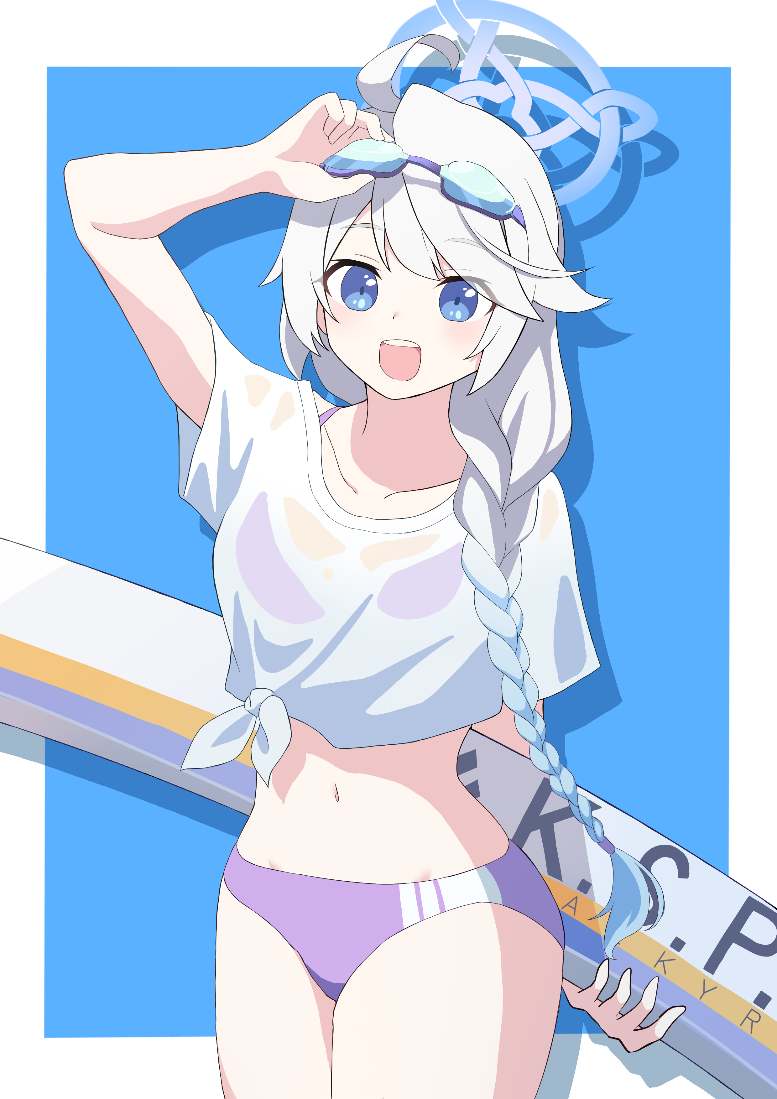 kirino (blue archive), kirino (swimsuit) (blue archive), blue archive, absurdres, highres, 1girl, bikini, bikini under clothes, bikini visible through clothes, blue eyes, blue halo, braid, buoy, eri sano, goggles, goggles on head, grey hair, halo, navel, open mouth, purple bikini, see-through clothes, see-through shirt, shirt, single braid, swim goggles, swimsuit, tied shirt, wet, wet clothes, wet shirt, white shirt