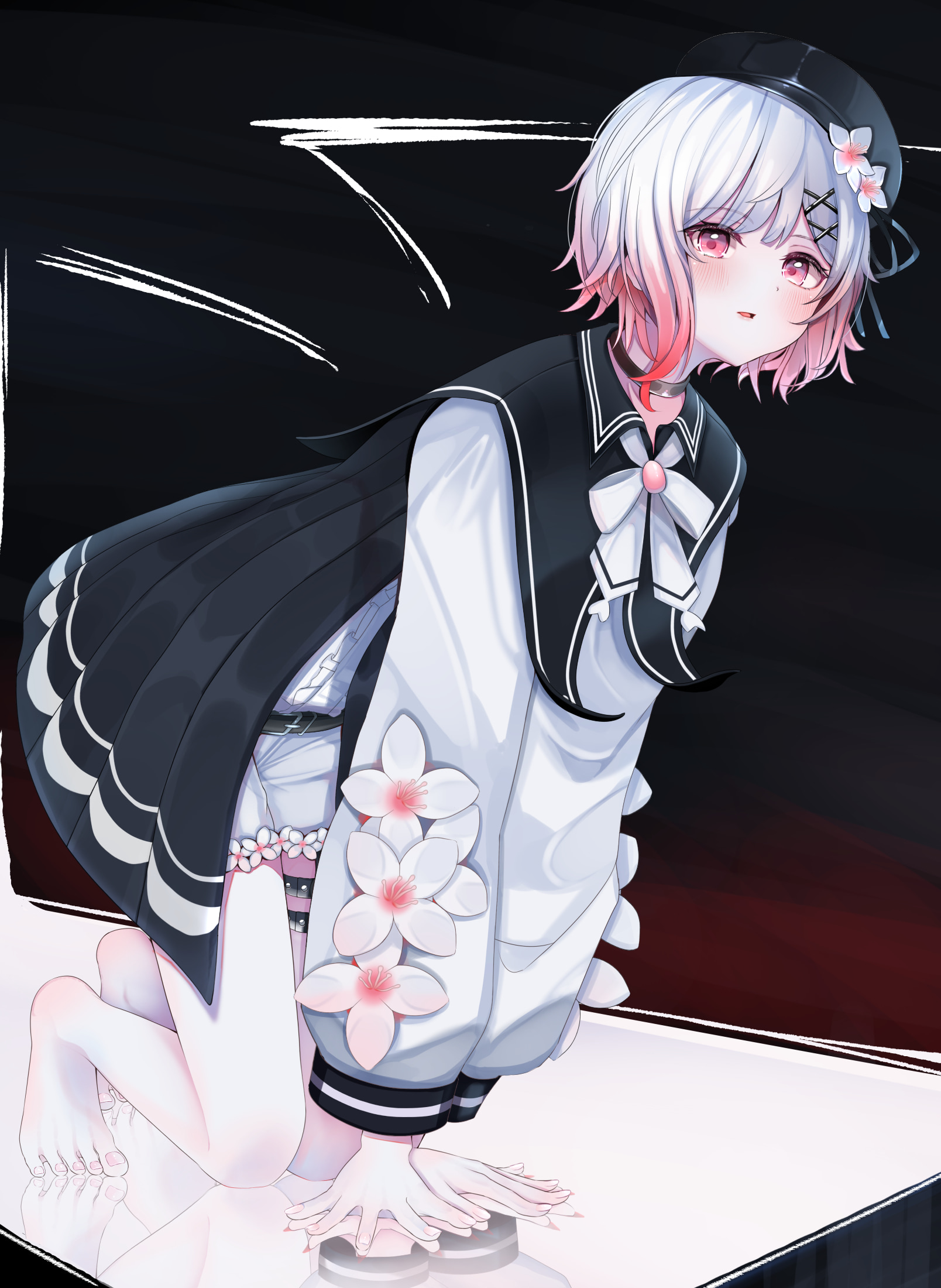 hatogayar, sakuraba ema, mahou shoujo no majo saiban, highres, 1girl, all fours, barefoot, beret, black choker, black dress, black hat, choker, dress, flower, flower ornament, gradient hair, hair ornament, hat, hat flower, looking at viewer, multicolored hair, parted lips, pink eyes, pink hair, reflection, shirt, short hair, solo, thigh strap, white flower, white hair, white shirt, x hair ornament