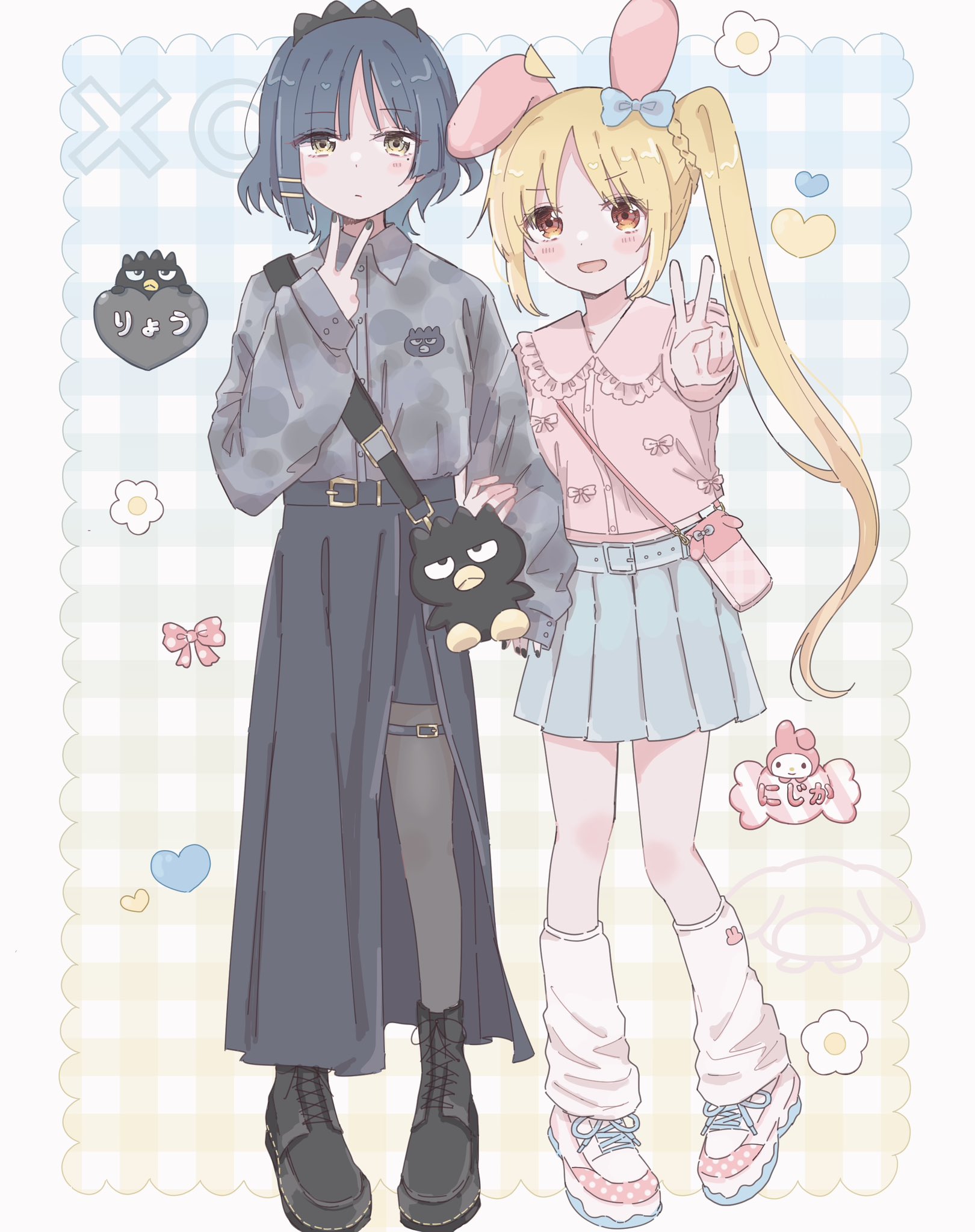 milk crepes, badtz-maru, ijichi nijika, my melody, yamada ryo, bocchi the rock!, onegai my melody, sanrio, highres, ahoge, animal ears, blonde hair, blue hair, blush, boots, bow, fake animal ears, flower, hair bow, hair ornament, heart, holding another's arm, long hair, long sleeves, looking at viewer, loose socks, mole, mole under eye, open mouth, plaid background, rabbit ears, red eyes, short hair, side ponytail, skirt, smile, socks, thigh strap, very long hair, yellow eyes