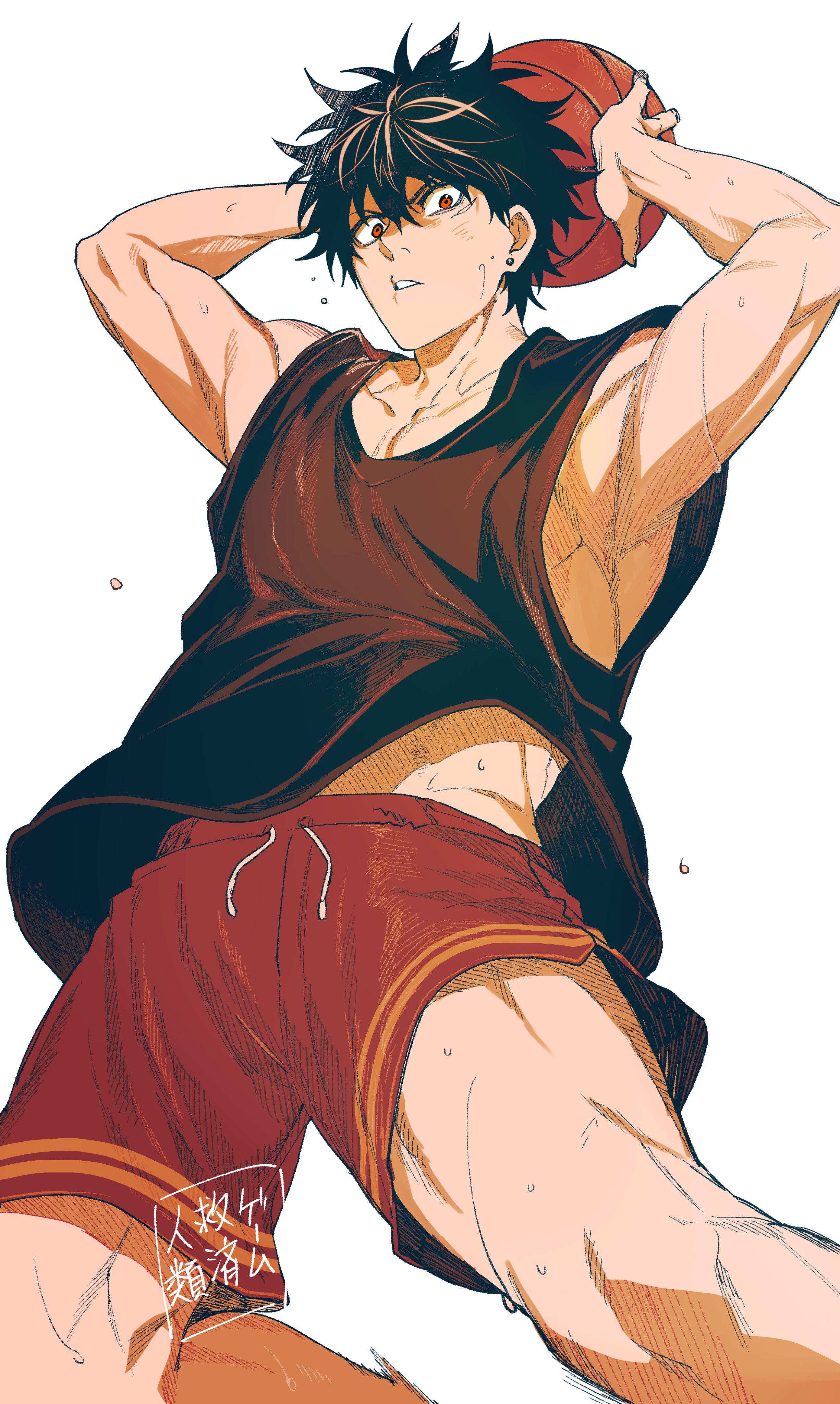 absurdres, commentary request, highres, translation request, 1boy, armpits, ball, basket, basketball (object), basketball uniform, black hair, black tank top, collarbone, cowboy shot, earrings, hair between eyes, holding, holding basket, jewelry, jinrui kyuusai game, jumping, looking at viewer, male focus, midriff peek, red eyes, red shorts, short hair, shorts, simple background, solo, sportswear, sweat, syundou doppo, tank top, teeth, thighs, tsunamune touka, white background