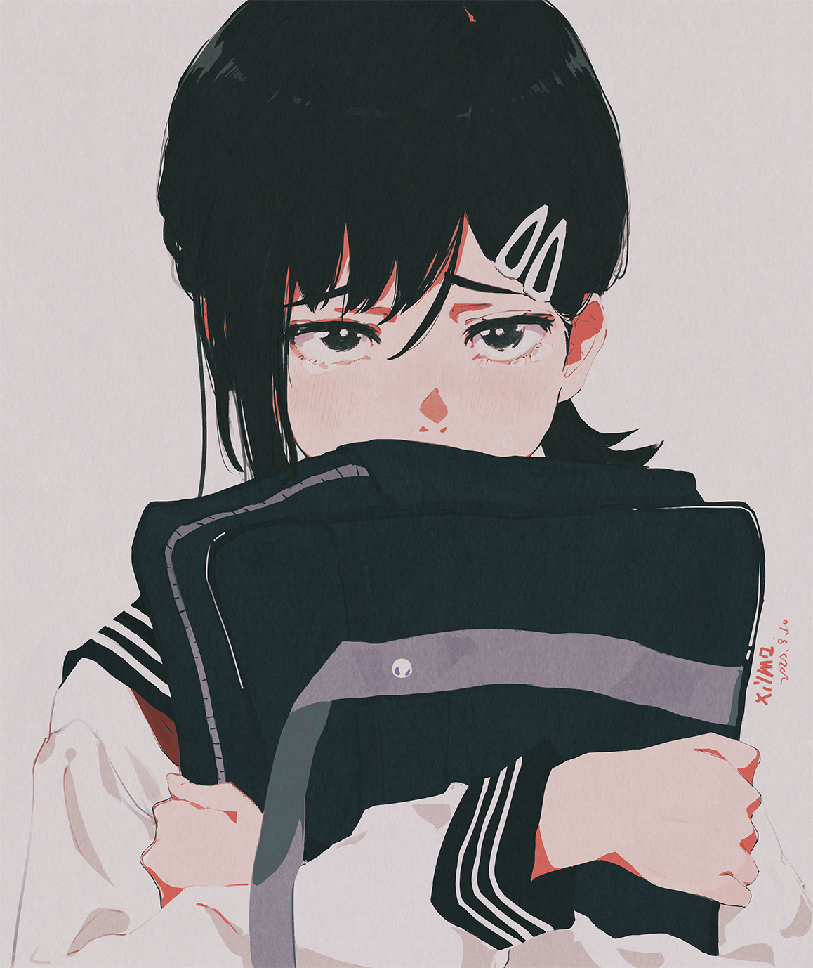 xilmo, higashiyama kobeni, chainsaw man, pixiv, highres, 1girl, bag, black eyes, black hair, hair ornament, hairclip, school bag, school uniform, solo