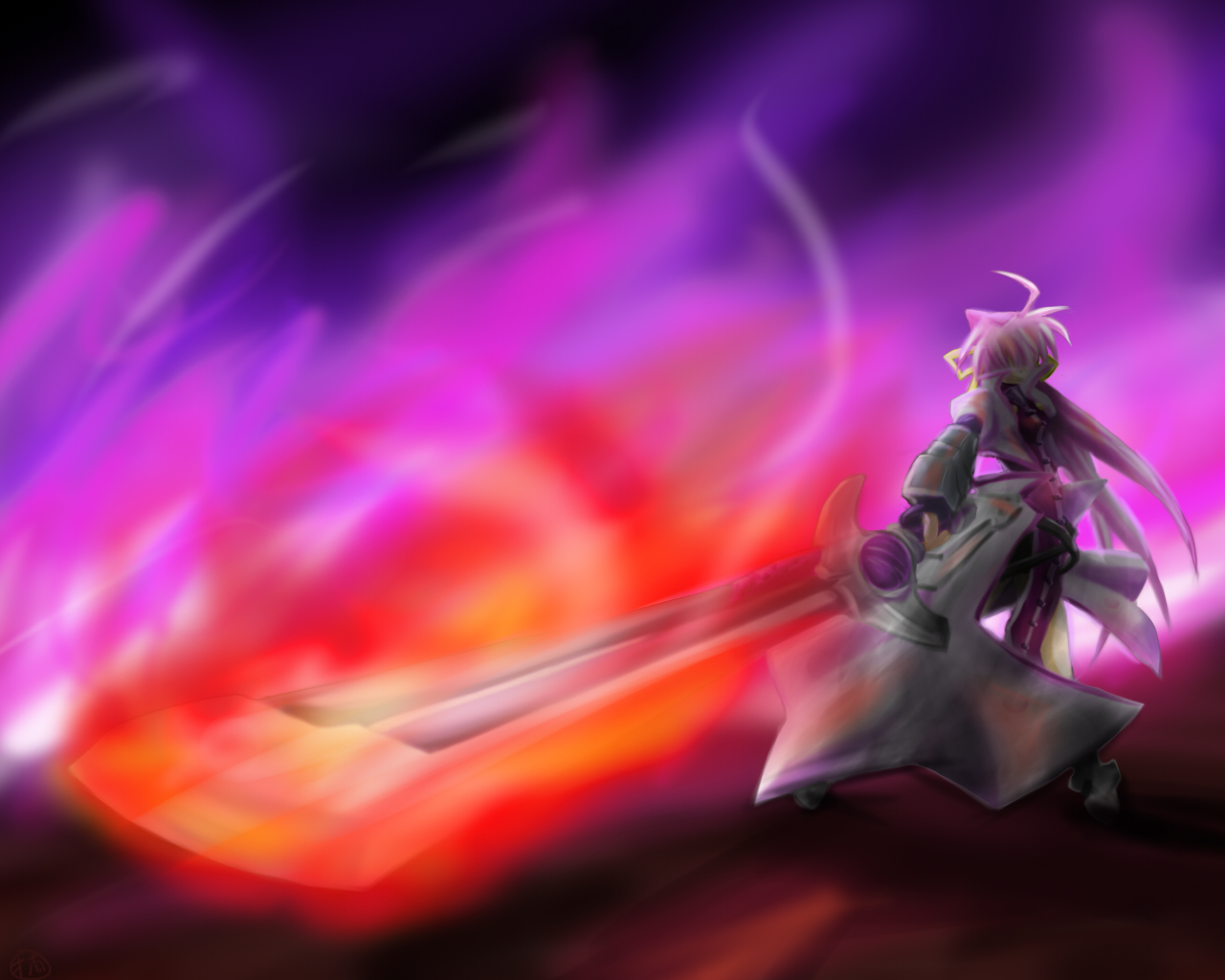 laevatein (nanoha), signum, lyrical nanoha, mahou shoujo lyrical nanoha, mahou shoujo lyrical nanoha a's, 00s, 1girl, ahoge, brown hair, female focus, fire, from behind, gauntlets, gloves, holding, holding sword, holding weapon, long sleeves, magic, short hair, solo, standing, sword, weapon, white gloves