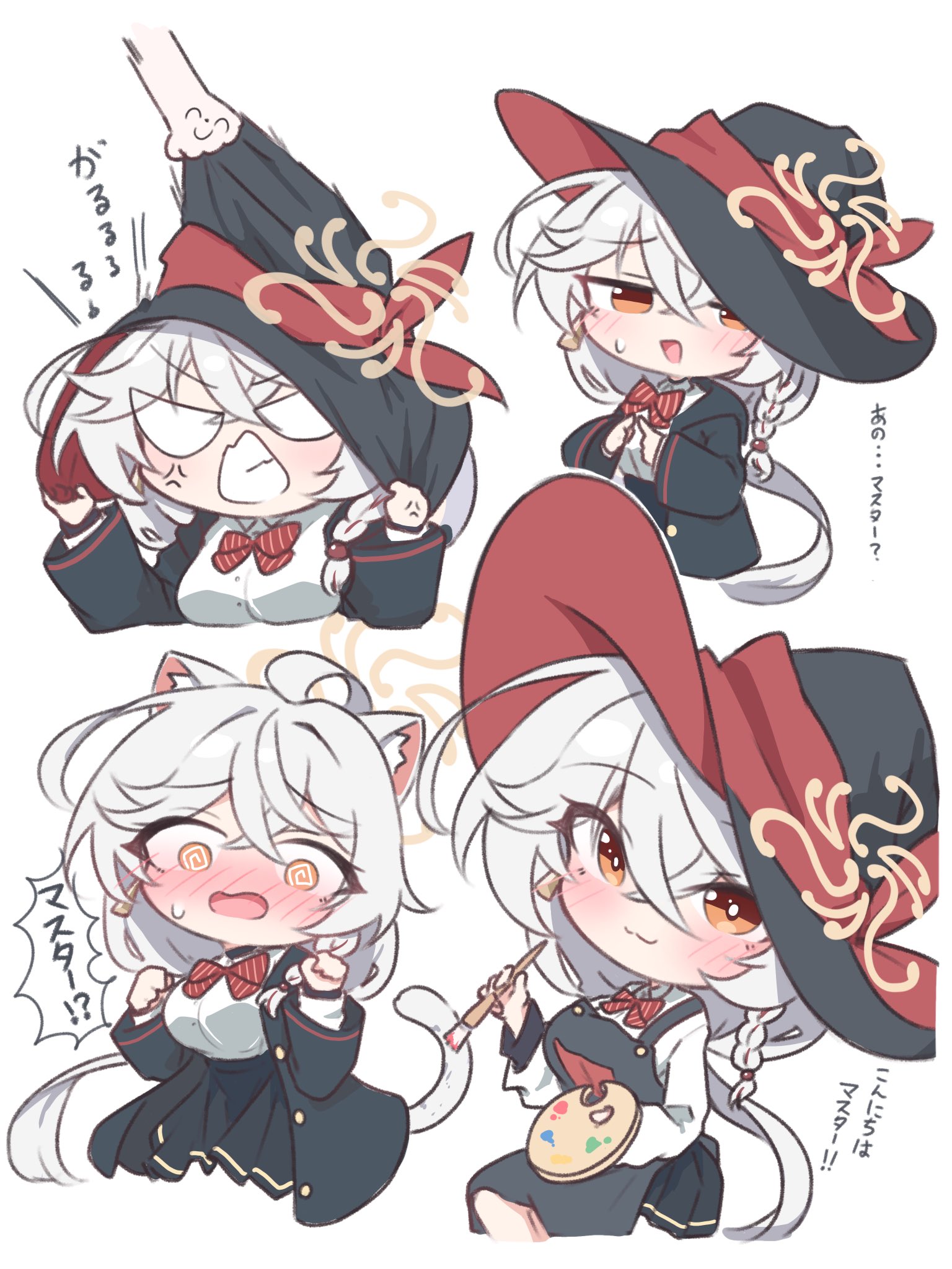 karupa (karupapon), eri (blue archive), blue archive, commentary request, highres, translation request, 1girl, :3, :d, @ @, anger vein, animal ears, averting eyes, black skirt, blush, bow, bowtie, braid, breasts, bright pupils, brown eyes, cat ears, cat girl, cat tail, chibi, chibi only, closed mouth, disembodied hand, embarrassed, halo, hand on another's hat, hat, holding, holding paintbrush, jacket, kemonomimi mode, long hair, long sleeves, looking at viewer, multiple views, nose blush, open mouth, paint palette, paintbrush, red bow, shirt, simple background, skirt, smile, split mouth, sweatdrop, tail, white background, white pupils, white shirt, witch, witch hat