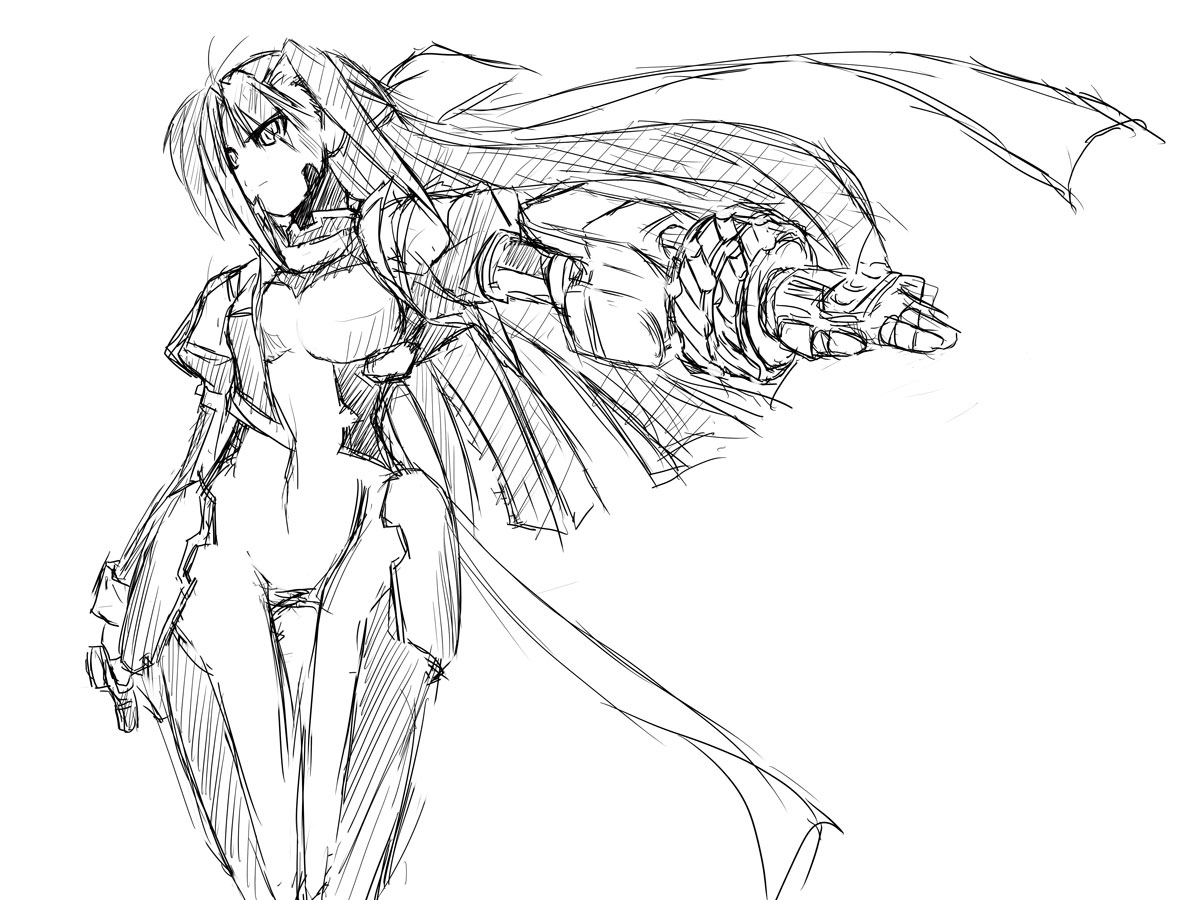 yu lulu (uka), ginga nakajima, revolver knuckle, lyrical nanoha, mahou shoujo lyrical nanoha, mahou shoujo lyrical nanoha strikers, 00s, 1girl, arm at side, bodysuit, female focus, floating hair, gauntlets, greyscale, long hair, monochrome, outstretched arm, sketch, skin tight, solo, standing, thigh gap, very long hair, wide hips, wind