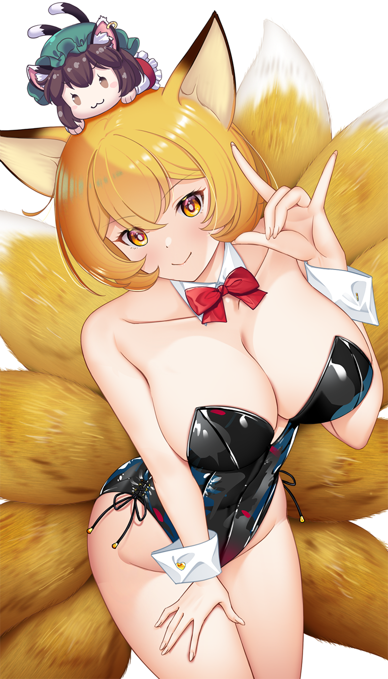 hataraki kuma, chen, yakumo ran, touhou, commentary request, highres, 2girls, :3, alternate costume, animal ear fluff, animal ears, black leotard, blonde hair, bow, bowtie, breasts, brown eyes, brown hair, cat ears, cat girl, cat tail, chibi, cleavage, closed mouth, collarbone, cowboy shot, crossed bangs, detached collar, dot nose, double-parted bangs, dutch angle, earrings, fingernails, fox ears, fox girl, fox shadow puppet, frills, green hat, hand on own thigh, hand up, hat, jewelry, kitsune, large breasts, legs together, leotard, looking at viewer, medium hair, multiple girls, multiple tails, playboy bunny, red bow, red bowtie, shiny clothes, shiny leotard, side-tie leotard, simple background, smile, strapless, strapless leotard, tail, white background, wrist cuffs, yellow eyes