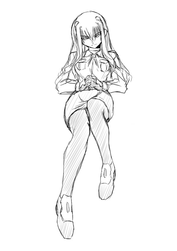 yu lulu (uka), numbers (nanoha), uno (nanoha), lyrical nanoha, mahou shoujo lyrical nanoha, mahou shoujo lyrical nanoha strikers, uniform, 00s, greyscale, monochrome, pantyhose, sketch, solo