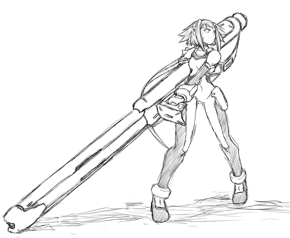 yu lulu (uka), dieci (nanoha), numbers (nanoha), lyrical nanoha, mahou shoujo lyrical nanoha, mahou shoujo lyrical nanoha strikers, 00s, greyscale, gun, monochrome, sketch, solo, weapon
