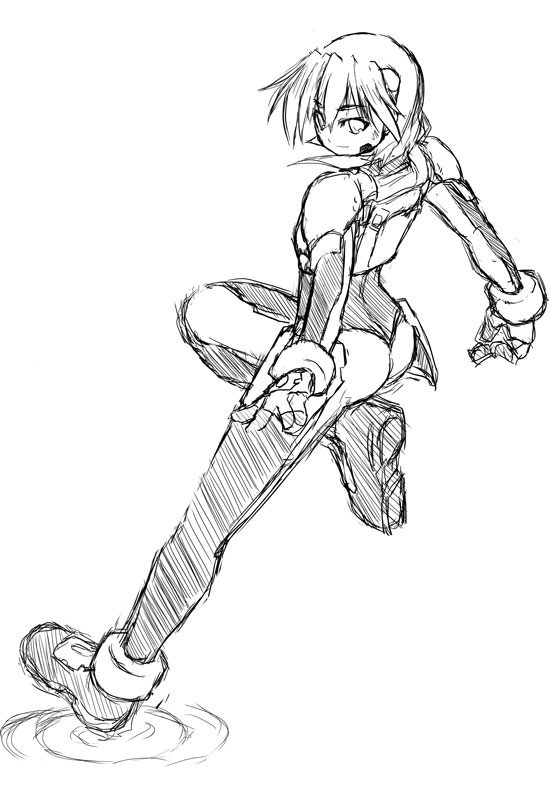 yu lulu (uka), numbers (nanoha), sein (nanoha), lyrical nanoha, mahou shoujo lyrical nanoha, mahou shoujo lyrical nanoha strikers, 00s, 1girl, female focus, full body, greyscale, monochrome, simple background, sketch, solo, white background