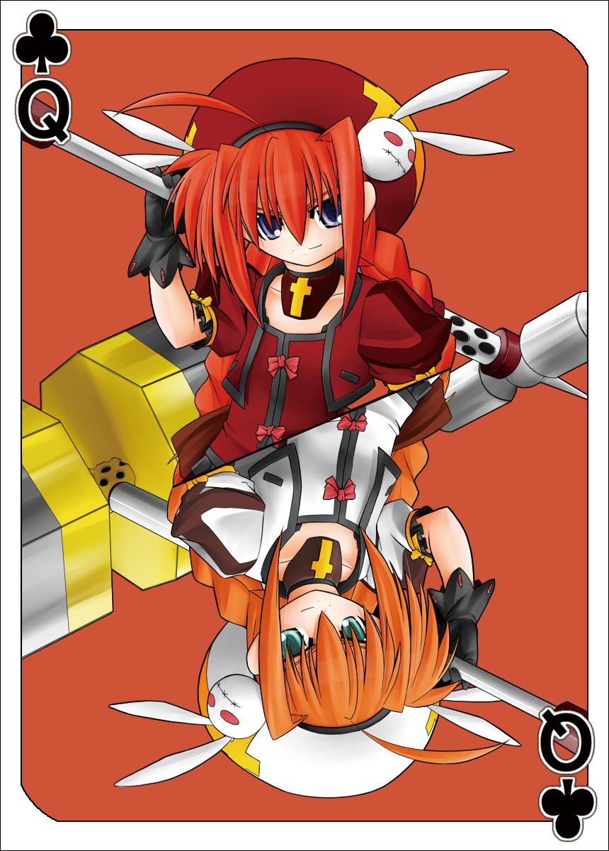 yu lulu (uka), graf eisen, vita (nanoha), lyrical nanoha, mahou shoujo lyrical nanoha, mahou shoujo lyrical nanoha a's, uniform, highres, 00s, 1girl, beret, braid, card, card (medium), dress, hair ornament, hammer, hat, holding, holding weapon, long hair, looking at viewer, orange background, orange hair, polearm, rabbit hair ornament, red dress, simple background, twin braids, very long hair, weapon, white dress