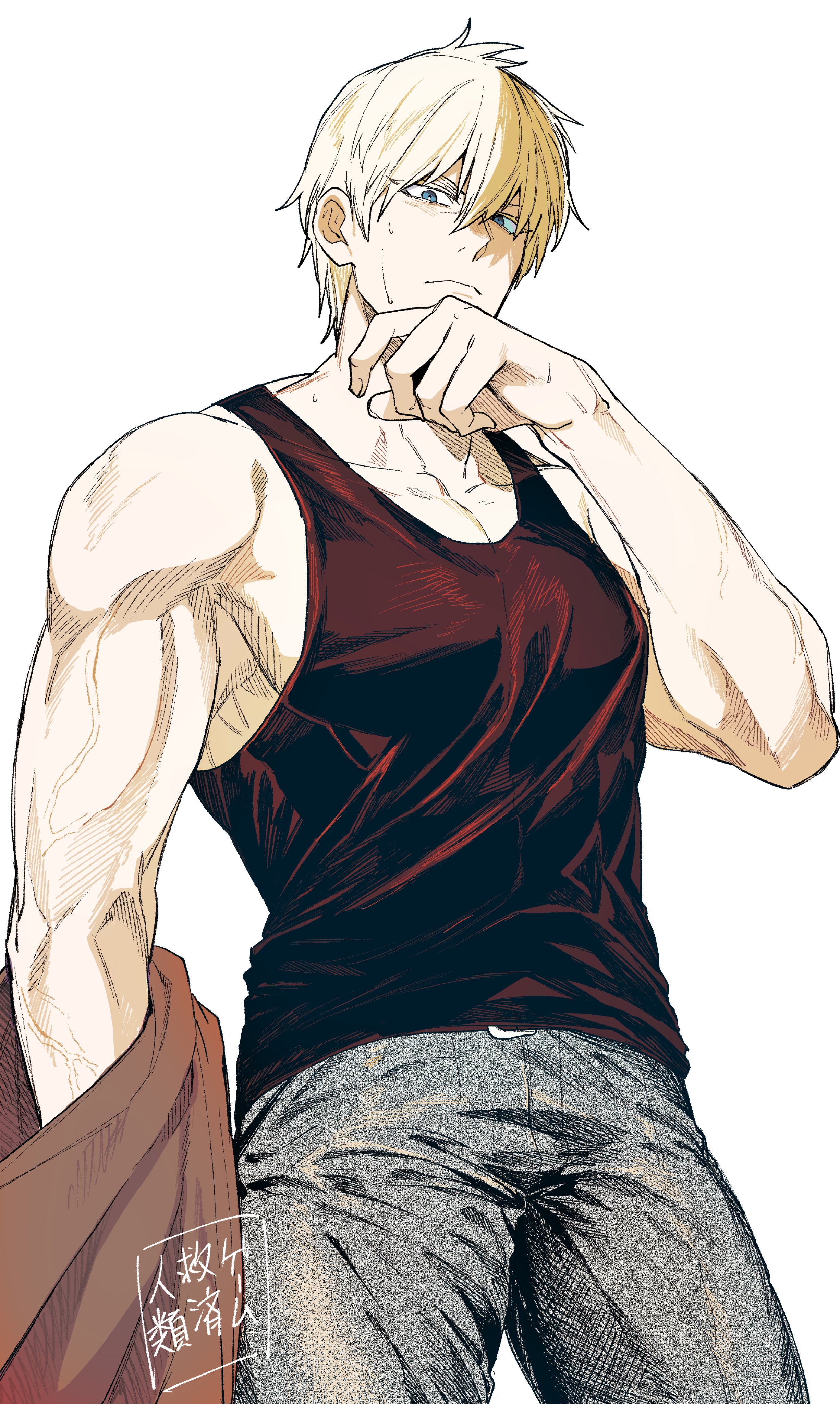 absurdres, commentary request, highres, 1boy, biceps, black tank top, blonde hair, blue eyes, closed mouth, cowboy shot, denim, gunji (jinrui kyuusai game), hair between eyes, jacket on arm, jeans, jinrui kyuusai game, large pectorals, male focus, mature male, muscular, muscular male, pants, pectoral cleavage, pectorals, short hair, sidepec, simple background, solo, tank top, tsunamune touka, white background