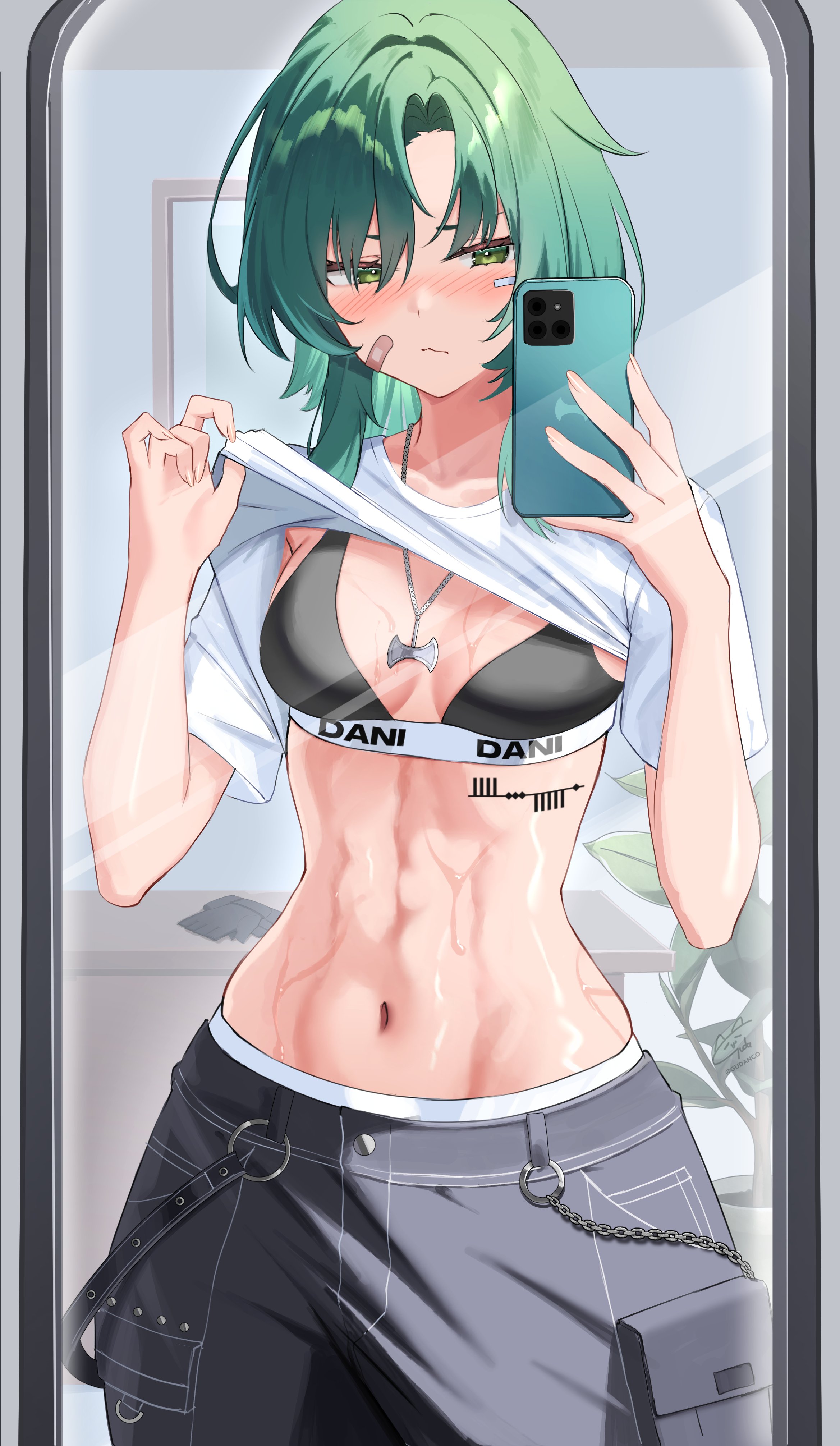 gudanco (nyanmeowzer), original, absurdres, commission, highres, 1girl, bandaid, bandaid on cheek, bandaid on face, black bra, black pants, blush, bra, breasts, closed mouth, clothes lift, green eyes, green hair, holding, holding phone, jewelry, navel, necklace, o-ring, pants, phone, plant, pocket, shirt, shirt lift, small breasts, solo, stomach, sweat, twitter username, underwear, white shirt