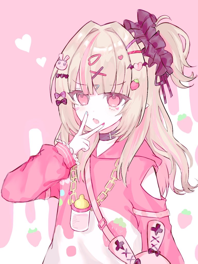 makaino ririmu, nijisanji, 1girl, :o, animal bag, baby bottle, bag, bandaid, bandaid on face, bare shoulders, black bow, black choker, black scrunchie, blue nails, blunt bangs, bottle, bow, chain, chain necklace, choker, clothing cutout, colored inner hair, cross-laced clothes, cross-laced sleeves, fang, finger to mouth, food-themed hair ornament, food print, frilled sleeves, frills, fruit print, furrowed brow, grey hair, hair bow, hair intakes, hair ornament, hair over shoulder, hair scrunchie, hairclip, hairpin, heart, heart hair ornament, heart print, heart sticker, hood, hood down, hoodie, hxccmdg 9, jewelry, long hair, long sleeves, multicolored hair, multiple hairpins, nail polish, necklace, official alternate costume, official alternate hairstyle, one side up, pink background, pink bow, pink hair, pink hoodie, pink nails, pink theme, pointy ears, rabbit bag, rabbit hair ornament, red eyes, scrunchie, shoulder bag, shoulder cutout, sidelocks, solo, sticker, sticker on face, strawberry hair ornament, strawberry print, streaked hair, stuffed animal, stuffed rabbit, stuffed toy, triangle hair ornament, two-tone hoodie, two side up, upper body, v, v-shaped eyebrows, virtual youtuber, white hoodie, winged heart, x hair ornament