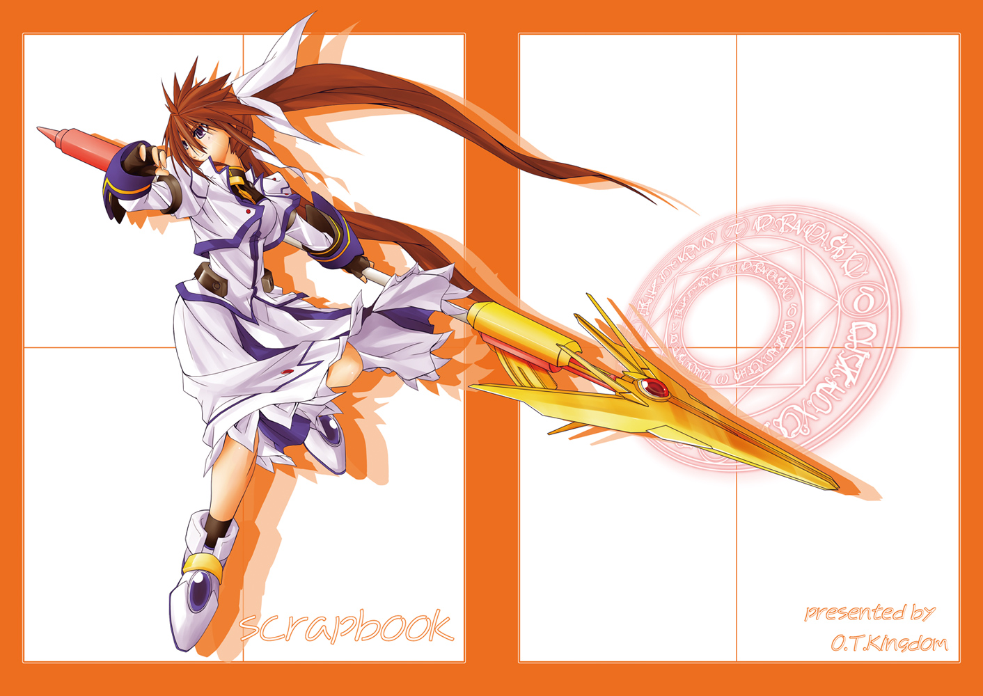 yu lulu (uka), raising heart, raising heart (exceed mode), spar, takamachi nanoha, takamachi nanoha (exceed mode), lyrical nanoha, mahou shoujo lyrical nanoha, mahou shoujo lyrical nanoha strikers, 00s, 1girl, :o, ankle boots, boots, border, female focus, fingerless gloves, full body, gloves, hair ribbon, jacket, lance, long hair, long sleeves, looking at viewer, magazine (weapon), magic circle, magical girl, octagram, open clothes, open jacket, open mouth, polearm, purple eyes, red hair, ribbon, simple background, solo, twintails, very long hair, weapon, white background, white devil, white ribbon