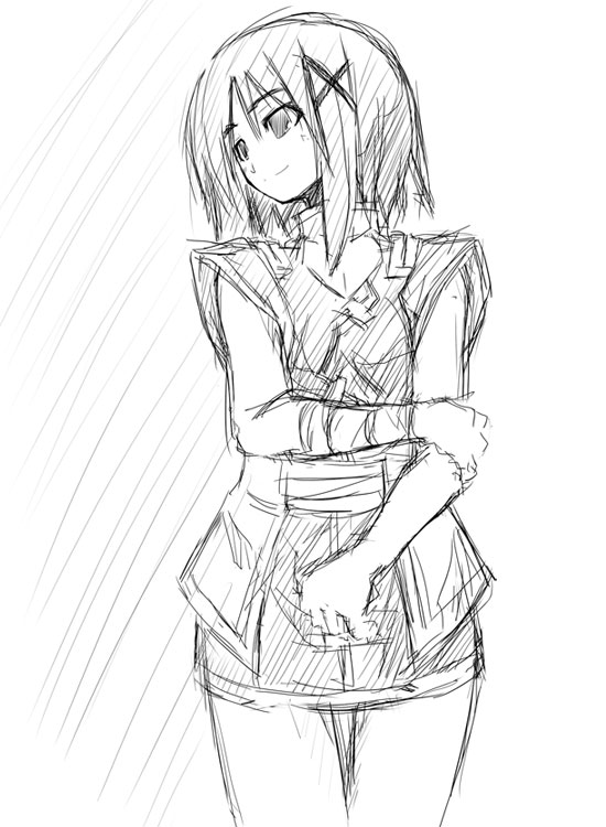 yu lulu (uka), yagami hayate, lyrical nanoha, mahou shoujo lyrical nanoha, mahou shoujo lyrical nanoha strikers, 00s, 1girl, female focus, greyscale, hair ornament, monochrome, sketch, solo, x hair ornament