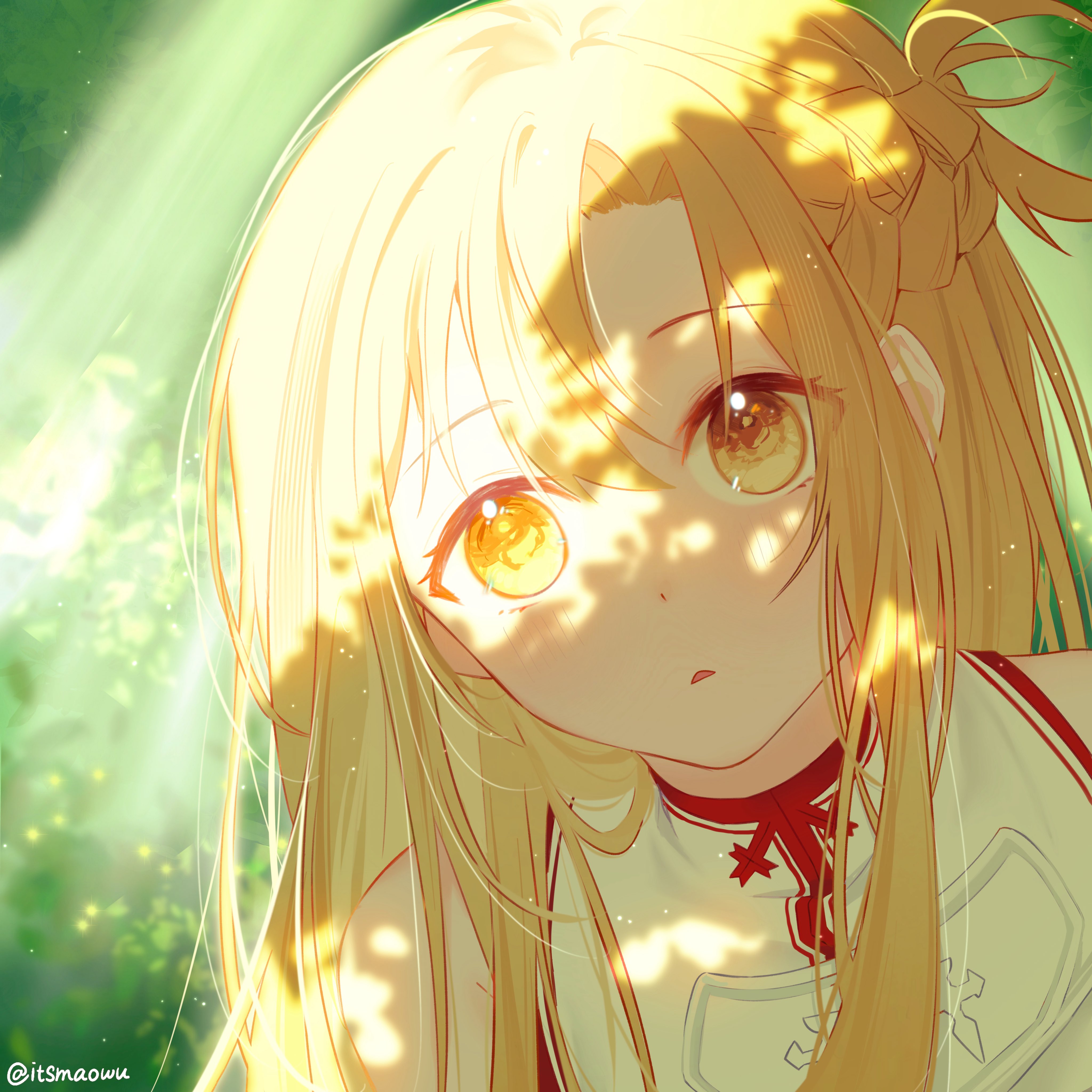 istriri, asuna (sao), sword art online, absurdres, highres, 1girl, dress, hair between eyes, long hair, looking at viewer, orange eyes, orange hair, parted lips, shade, sleeveless, sleeveless dress, solo, twitter username, upper body, white dress