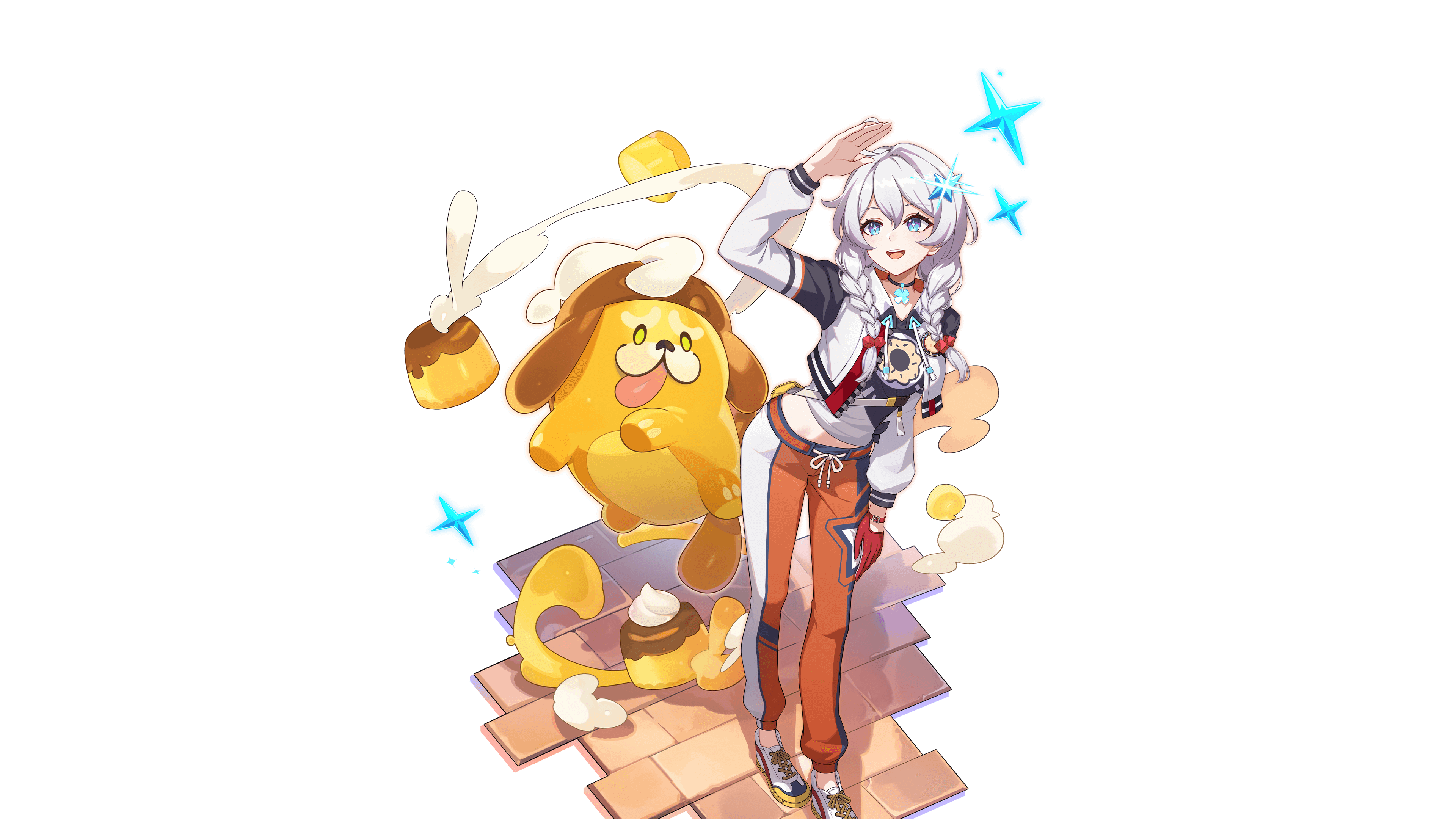 kiana kaslana, kiana kaslana (honkai: nexus anima), honkai: nexus anima, honkai (series), absurdres, highres, 1girl, arm up, blue eyes, braid, choker, full body, gloves, hair between eyes, jacket, long sleeves, looking up, midriff, open clothes, open jacket, open mouth, pants, red gloves, shoes, single glove, smile, solo, standing, symbol-shaped pupils, teeth, transparent background, twin braids, two-tone pants, upper teeth only, white hair, white jacket, white shoes