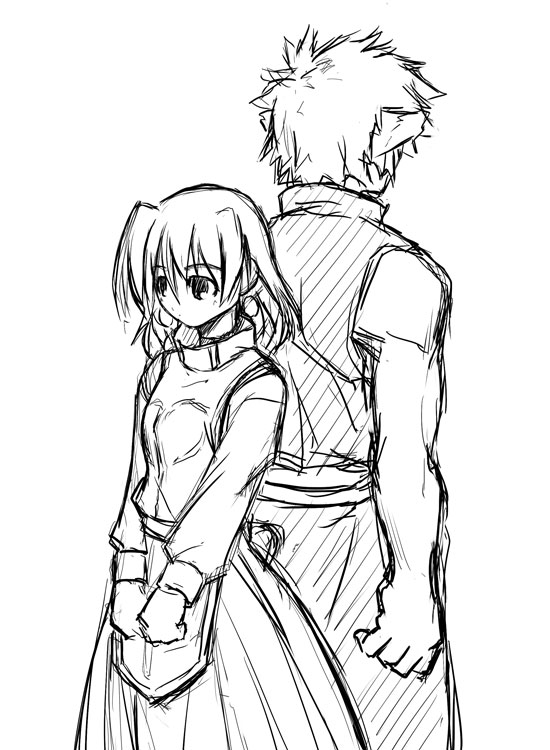 yu lulu (uka), shamal, zafira, lyrical nanoha, mahou shoujo lyrical nanoha, mahou shoujo lyrical nanoha a's, 00s, 1boy, 1girl, back-to-back, blush, dress, greyscale, height difference, long sleeves, monochrome, own hands together, short hair, simple background, sketch, standing, v arms, white background