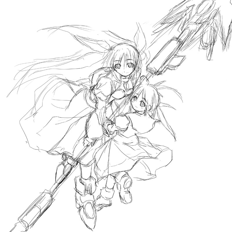 yu lulu (uka), raising heart, takamachi nanoha, lyrical nanoha, mahou shoujo lyrical nanoha, mahou shoujo lyrical nanoha strikers, 00s, 1girl, dual persona, greyscale, huge weapon, magical girl, monochrome, sketch, time paradox, twintails, weapon