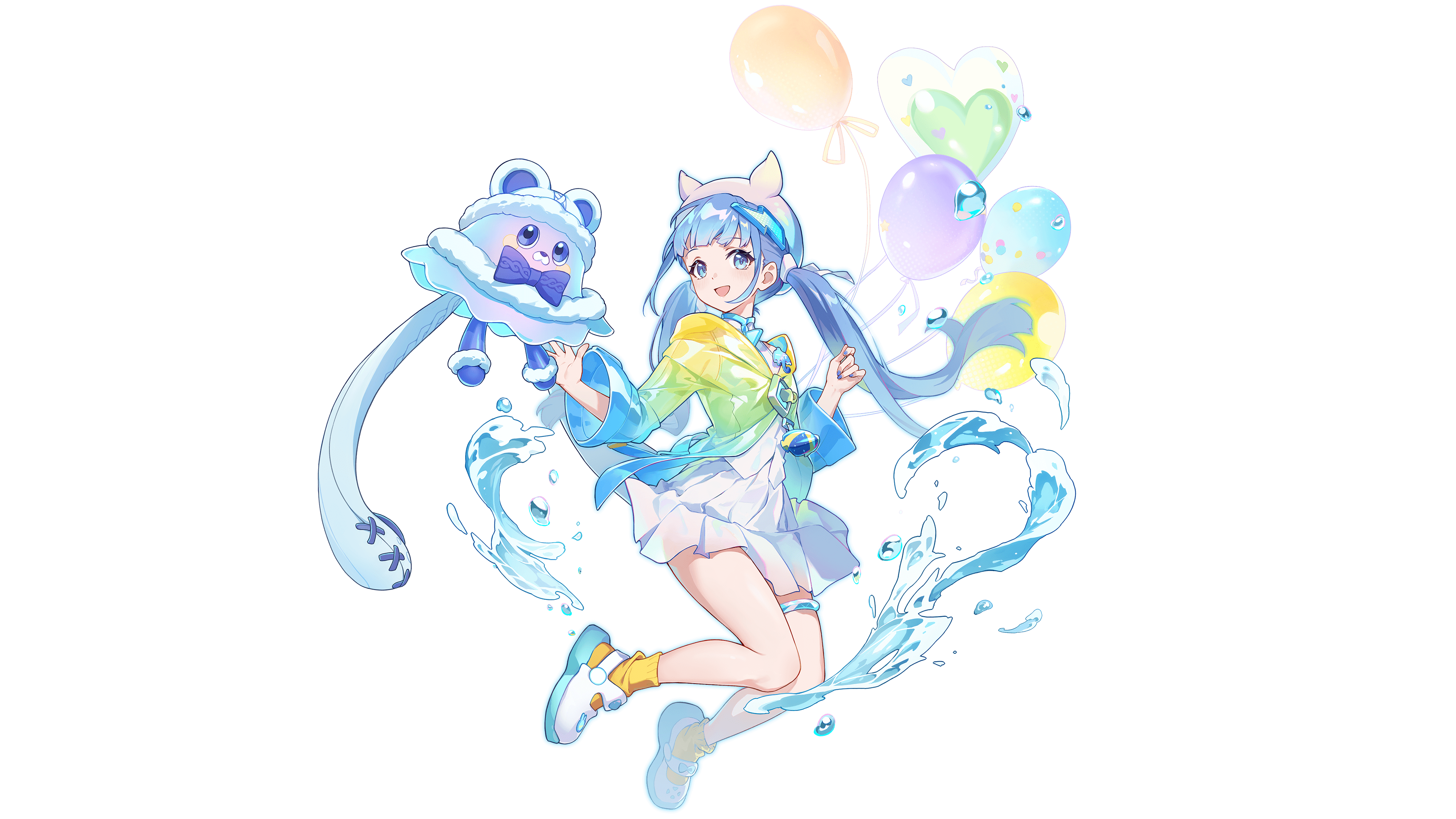 honkai: nexus anima, honkai (series), absurdres, highres, official art, 1girl, balloon, blue eyes, blue hair, full body, long hair, long sleeves, looking at viewer, low twintails, nanafey (honkai: nexus anima), open mouth, shirt, skirt, smile, socks, solo, thigh strap, transparent background, twintails, water, white shirt, white skirt, wide sleeves, yellow socks