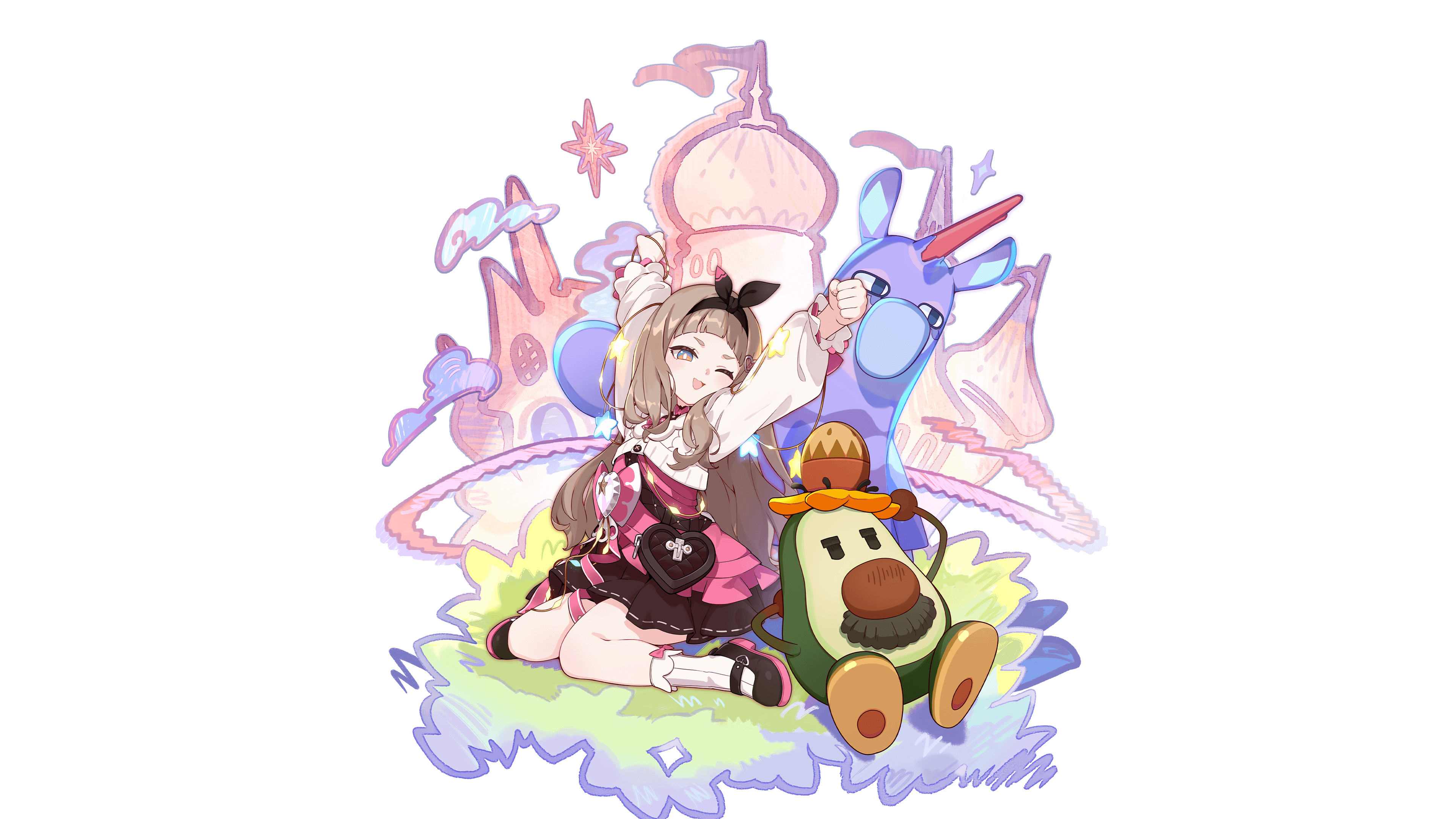 honkai: nexus anima, honkai (series), absurdres, highres, official art, arms up, black shoes, blunt bangs, brown hair, dress, full body, long hair, long sleeves, looking at viewer, maple manybell, one eye closed, open mouth, pink dress, shoes, sitting, smile, socks, solo, transparent background, wariza, white socks