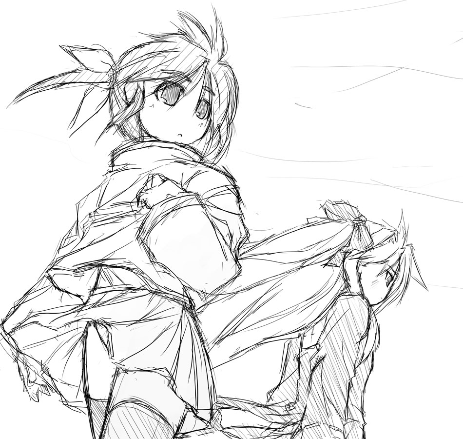 yu lulu (uka), fate testarossa, takamachi nanoha, lyrical nanoha, mahou shoujo lyrical nanoha, 00s, 2girls, greyscale, monochrome, multiple girls, panties, sketch, thighhighs, underwear, wind, wind lift