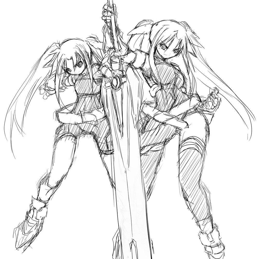 yu lulu (uka), bardiche (nanoha), bardiche (zanber form) (nanoha), fate testarossa, fate testarossa (sonic form), fate testarossa (true sonic form), lyrical nanoha, mahou shoujo lyrical nanoha, mahou shoujo lyrical nanoha strikers, 00s, 2girls, dual persona, greyscale, monochrome, multiple girls, sketch, thighhighs, time paradox
