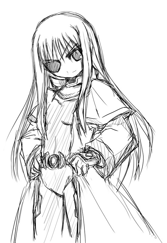 yu lulu (uka), cinque (nanoha), numbers (nanoha), lyrical nanoha, mahou shoujo lyrical nanoha, mahou shoujo lyrical nanoha strikers, 00s, eyepatch, greyscale, monochrome, sketch, solo