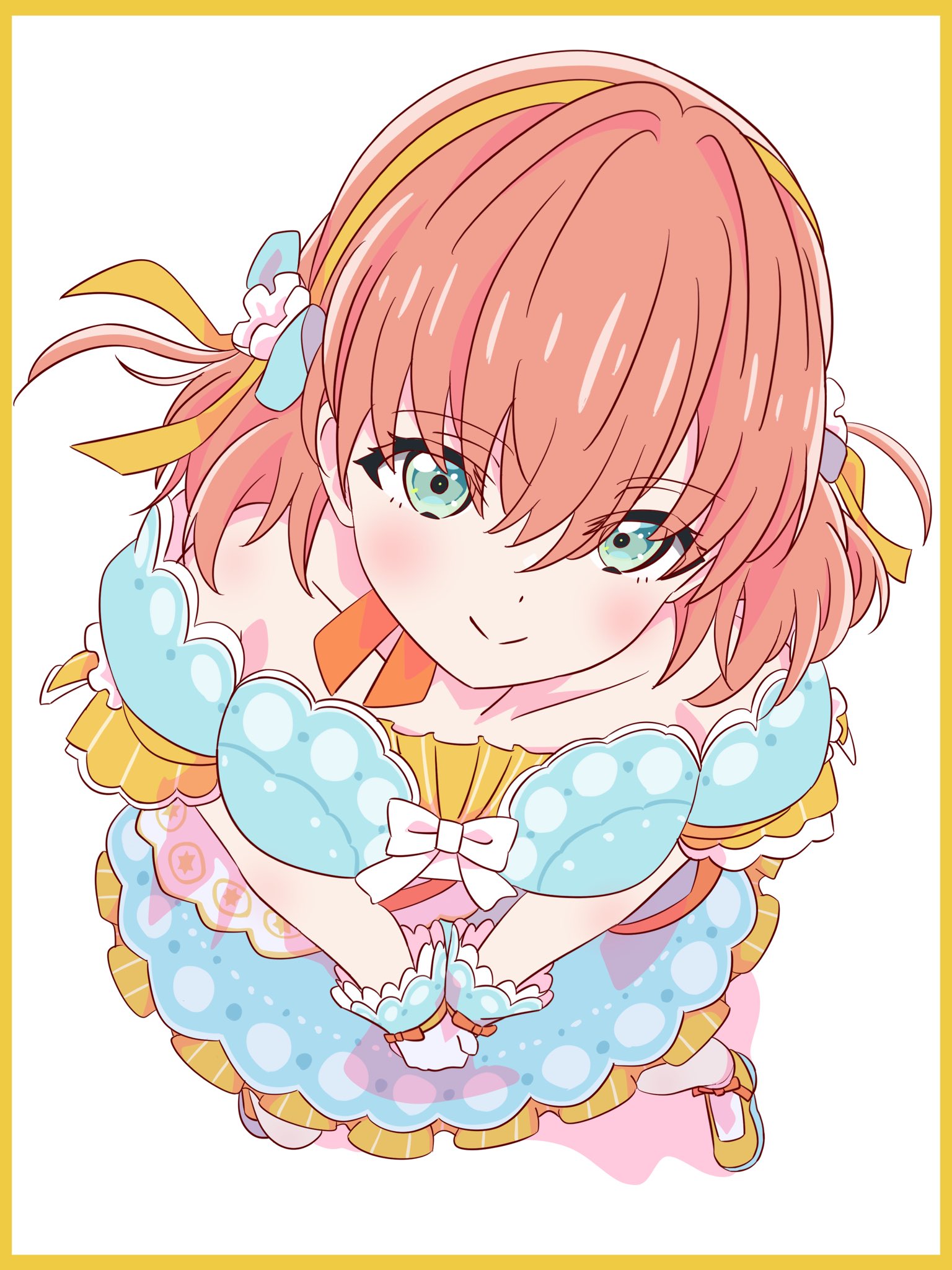 myrain56991013, hinoshita kaho, link! like! love live!, love live!, commentary, english commentary, highres, 1girl, aqua eyes, bare shoulders, blue dress, border, breasts, celebration! (love live!), closed mouth, collarbone, colored shoe soles, detached sleeves, dress, frilled dress, frilled gloves, frills, from above, gloves, hairband, looking at viewer, medium breasts, medium hair, official alternate costume, orange hair, orange shoes, own hands together, puffy short sleeves, puffy sleeves, shoes, short sleeves, simple background, smile, solo, split mouth, strapless, strapless dress, v arms, virtual youtuber, white background, white gloves, yellow border, yellow hairband