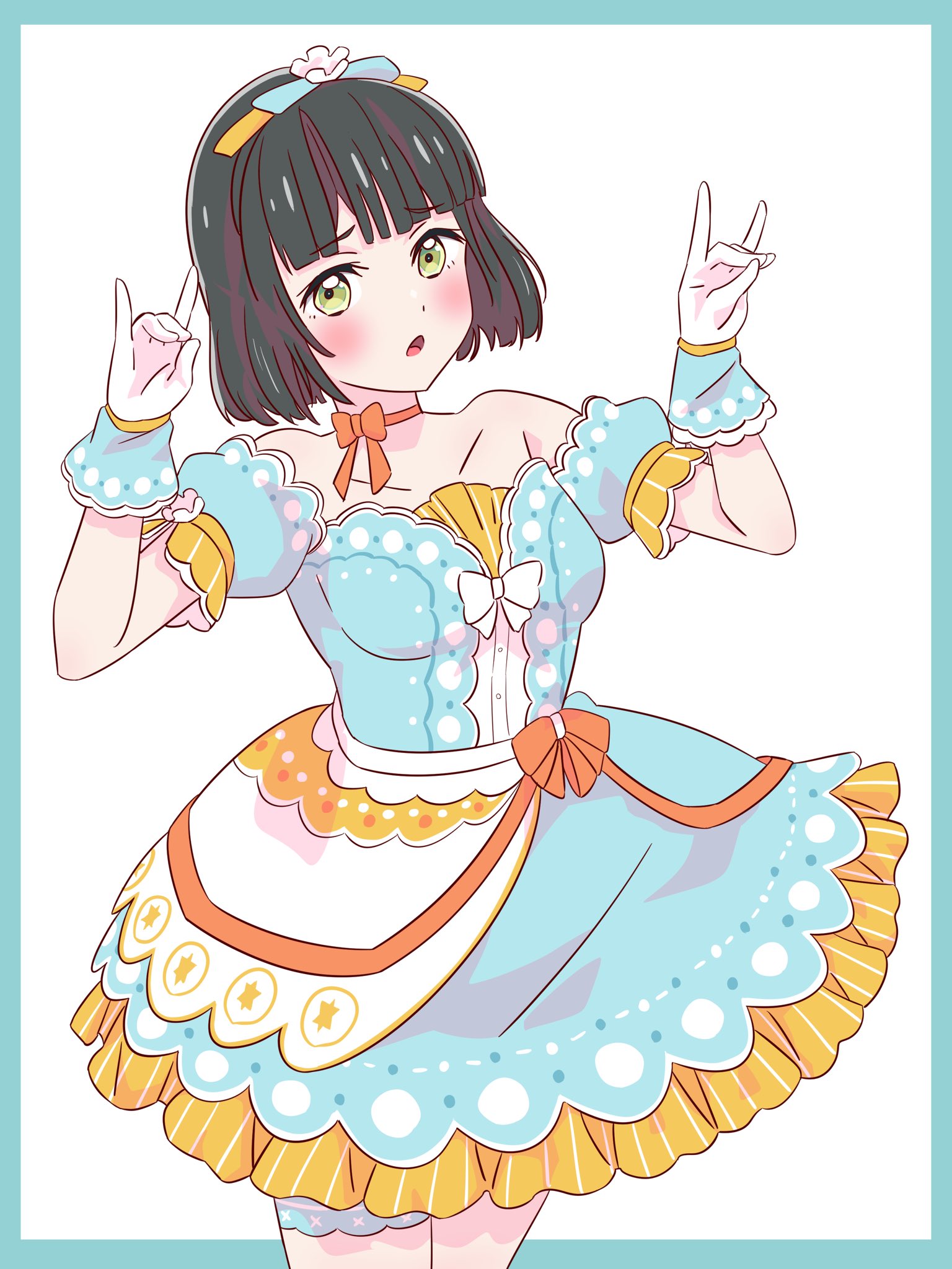 myrain56991013, momose ginko, link! like! love live!, love live!, commentary, english commentary, highres, 1girl, :o, bare shoulders, bike shorts, blue border, blue bow, blue dress, blue shorts, blunt bangs, blunt ends, blush, bob cut, border, bow, breasts, celebration! (love live!), cowboy shot, detached sleeves, double fox shadow puppet, dress, fox shadow puppet, frilled dress, frilled gloves, frills, gloves, green eyes, hair bow, looking at viewer, medium breasts, official alternate costume, open mouth, outside border, puffy short sleeves, puffy sleeves, raised inner eyebrows, short hair, short sleeves, shorts, simple background, solo, strapless, strapless dress, virtual youtuber, white background, white gloves