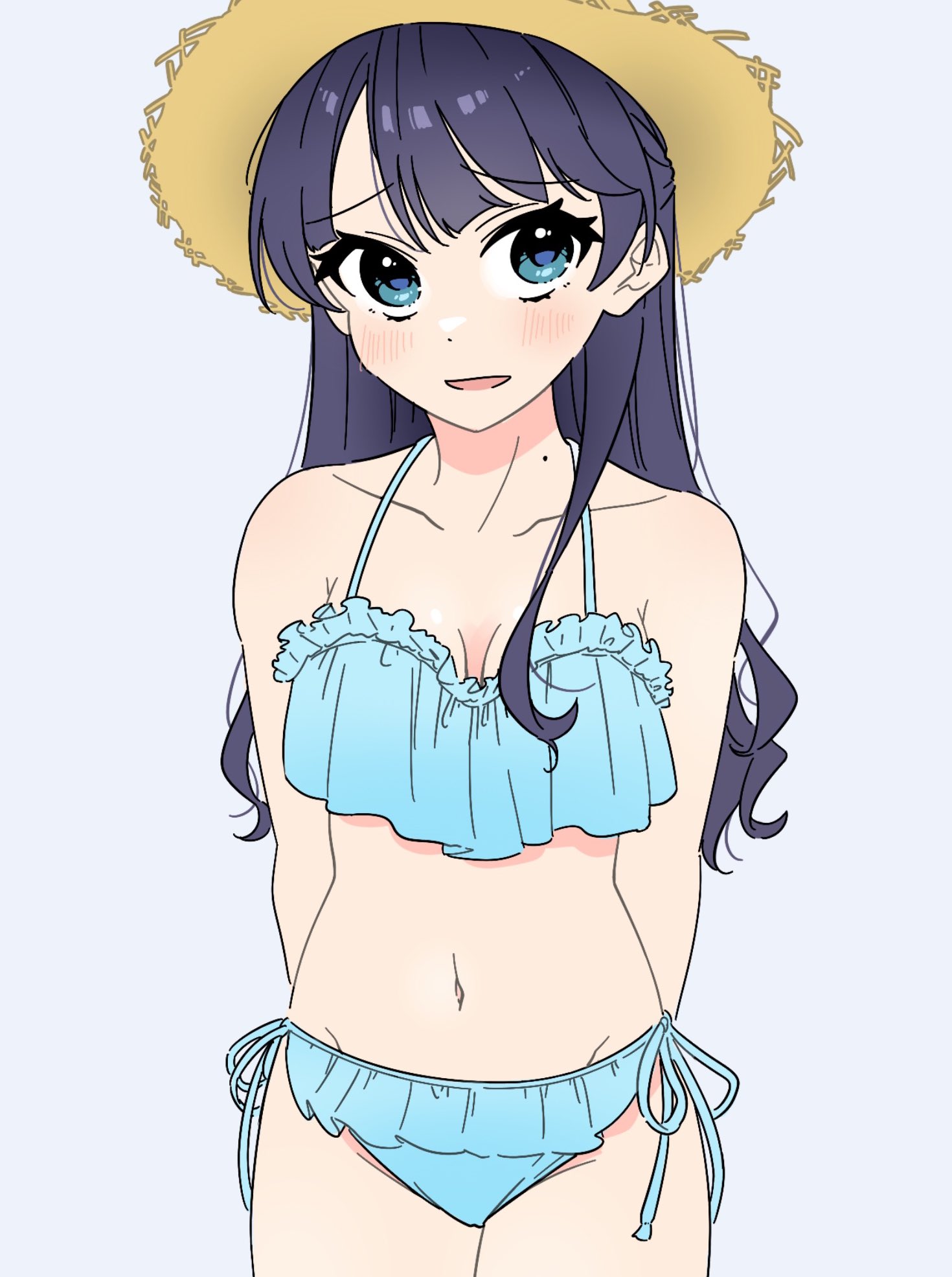 llkapital, murano sayaka, link! like! love live!, love live!, commentary, highres, 1girl, :d, alternate costume, armpit crease, averting eyes, bare shoulders, bikini, blue bikini, blue eyes, blue hair, blush, breasts, breasts apart, brown hat, cowboy shot, frilled bikini, frills, grey background, hat, long hair, looking to the side, medium breasts, mole, mole on neck, navel, open mouth, raised inner eyebrows, side-tie bikini bottom, simple background, smile, solo, standing, stomach, straw hat, string bikini, sun hat, swimsuit, virtual youtuber