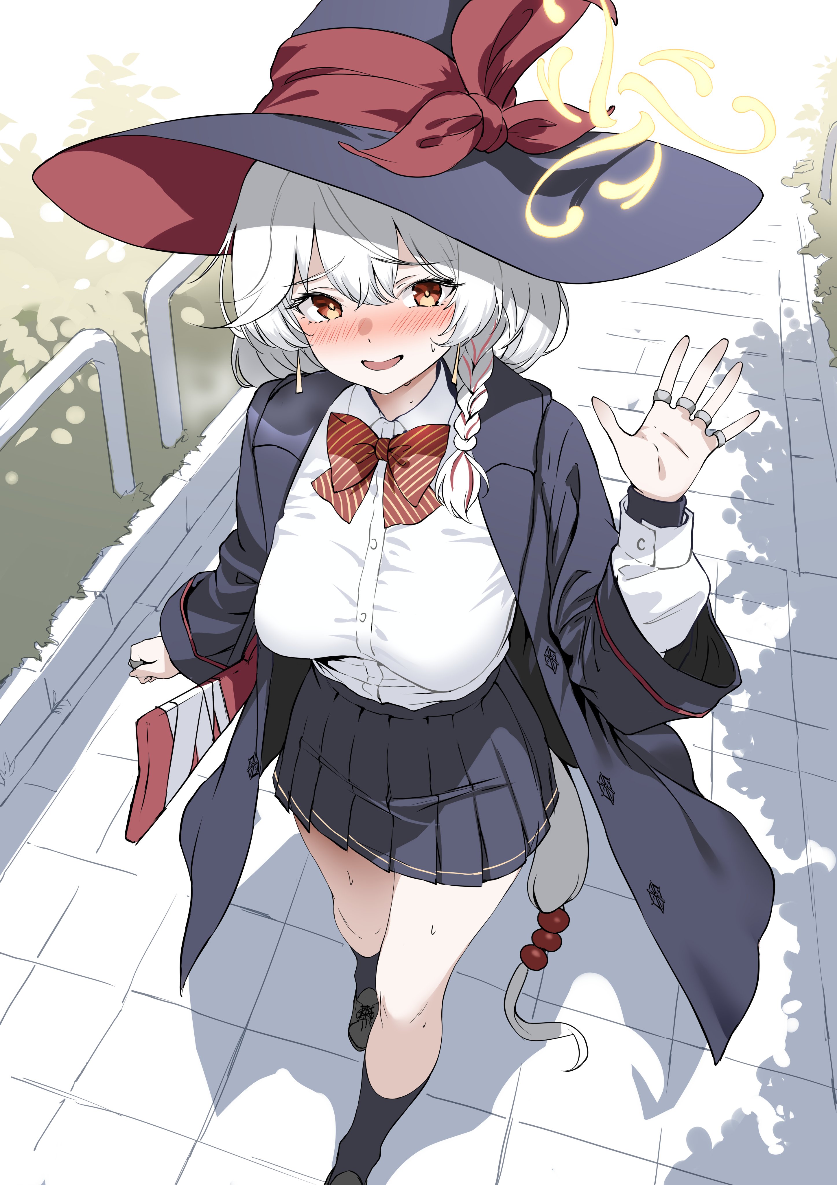 casual44852, eri (blue archive), blue archive, absurdres, highres, 1girl, black hat, black jacket, black shoes, bow, bowtie, braid, breasts, hat, jacket, large breasts, long hair, looking at viewer, open mouth, red bow, red bowtie, shirt, shoes, single braid, solo, very long hair, walking, white hair, white shirt, witch hat
