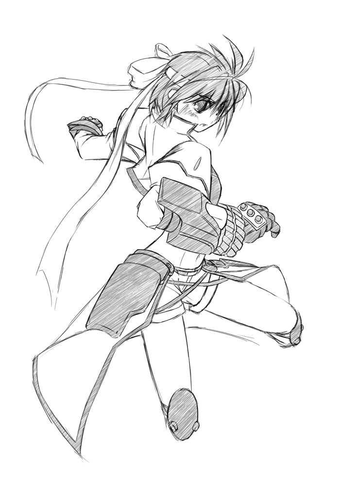 yu lulu (uka), revolver knuckle, subaru nakajima, lyrical nanoha, mahou shoujo lyrical nanoha, mahou shoujo lyrical nanoha strikers, 00s, 1girl, cropped legs, dress, female focus, fighting stance, gauntlets, greyscale, headband, monochrome, outstretched arm, short hair, simple background, sketch, solo, spread legs, standing, white background