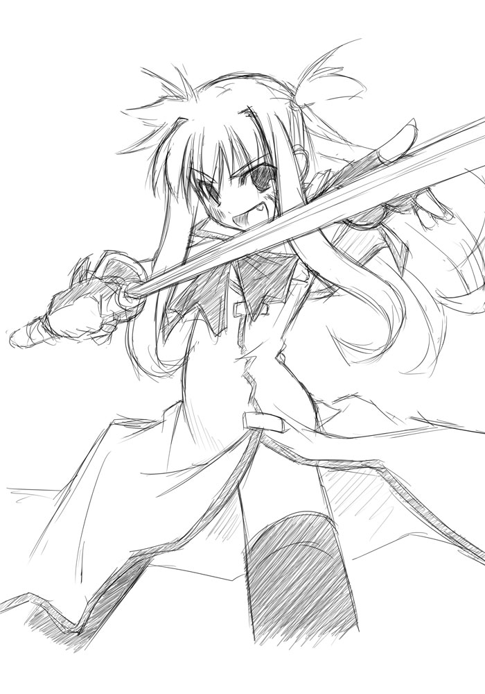 yu lulu (uka), arisa bunnings, burning arisa, lyrical nanoha, mahou shoujo lyrical nanoha, 00s, greyscale, monochrome, sketch, solo, sword, thighhighs, weapon