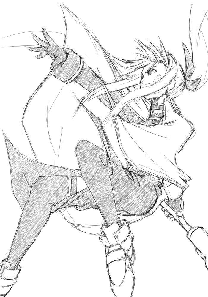 yu lulu (uka), bardiche (nanoha), fate testarossa, fate testarossa (impulse form), lyrical nanoha, mahou shoujo lyrical nanoha, mahou shoujo lyrical nanoha strikers, 00s, 1girl, female focus, greyscale, monochrome, sketch, solo, thighhighs