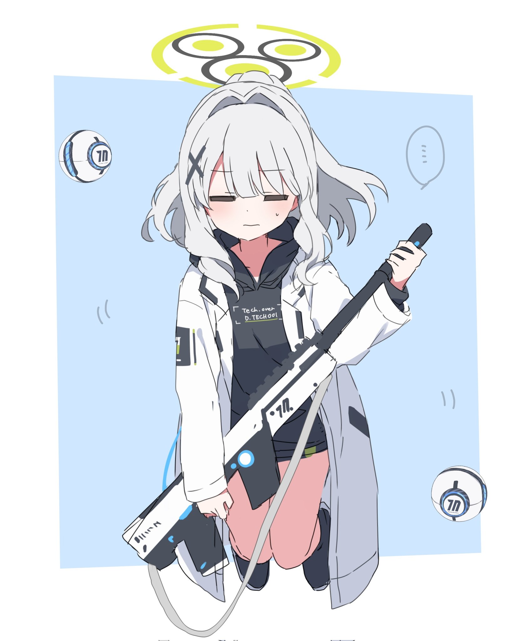 mochigome (ununquadium), hare (blue archive), blue archive, commentary request, highres, …, 1girl, black hoodie, black shoes, blue background, blush, border, closed eyes, coat, cross hair ornament, drone, green halo, gun, hair intakes, hair ornament, halo, holding, holding gun, holding weapon, hood, hood down, hoodie, long hair, long sleeves, millennium science school logo, motion lines, open clothes, open coat, outside border, ponytail, shoes, sidelocks, simple background, solo, spoken ellipsis, sweat, weapon, white border, white coat, white hair