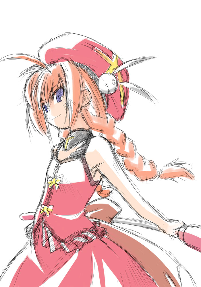 yu lulu (uka), graf eisen, vita (nanoha), lyrical nanoha, mahou shoujo lyrical nanoha, mahou shoujo lyrical nanoha a's, 00s, 1girl, bare shoulders, beret, blue eyes, braid, dress, female focus, from side, hair ornament, hammer, hat, holding, holding weapon, long hair, orange hair, polearm, profile, rabbit hair ornament, red dress, simple background, sketch, sleeveless, sleeveless dress, solo, twin braids, very long hair, weapon, white background