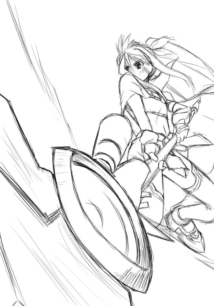 yu lulu (uka), bardiche (nanoha), bardiche (scythe form) (nanoha), fate testarossa, fate testarossa (lightning form), lyrical nanoha, mahou shoujo lyrical nanoha, 00s, 1girl, female focus, greyscale, monochrome, sketch, solo