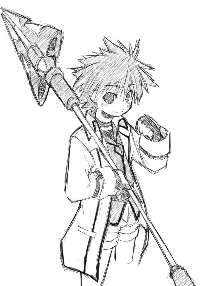 yu lulu (uka), erio mondial, strada, lyrical nanoha, mahou shoujo lyrical nanoha, mahou shoujo lyrical nanoha strikers, eyebrows, uniform, 00s, 1boy, cowboy shot, cropped legs, formal clothes, gloves, greyscale, jacket, lance, long sleeves, looking at viewer, male focus, monochrome, open clothes, open jacket, pants, polearm, sketch, solo, spiked hair, standing, suit, weapon