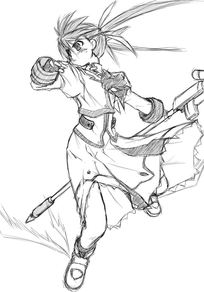yu lulu (uka), yuuka (o.t.kingdom), raising heart, takamachi nanoha, takamachi nanoha (sacred mode), lyrical nanoha, mahou shoujo lyrical nanoha, mahou shoujo lyrical nanoha a's, winged footwear, 00s, 1girl, bow, female focus, fingerless gloves, gloves, greyscale, magazine (weapon), magical girl, monochrome, shoes, sketch, solo, twintails, wings