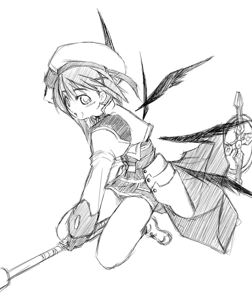 yu lulu (uka), schwertkreuz, yagami hayate, lyrical nanoha, mahou shoujo lyrical nanoha, mahou shoujo lyrical nanoha a's, 00s, 1girl, female focus, greyscale, hair ornament, monochrome, sketch, solo, staff, x hair ornament