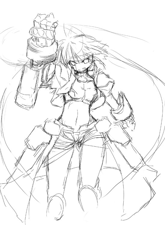 yu lulu (uka), revolver knuckle, subaru nakajima, lyrical nanoha, mahou shoujo lyrical nanoha, mahou shoujo lyrical nanoha strikers, 00s, 1girl, cropped legs, female focus, gauntlets, greyscale, knee pads, long hair, looking at viewer, midriff, monochrome, navel, open fly, revealing clothes, short shorts, shorts, simple background, sketch, solo, standing, stomach, very long hair, white background