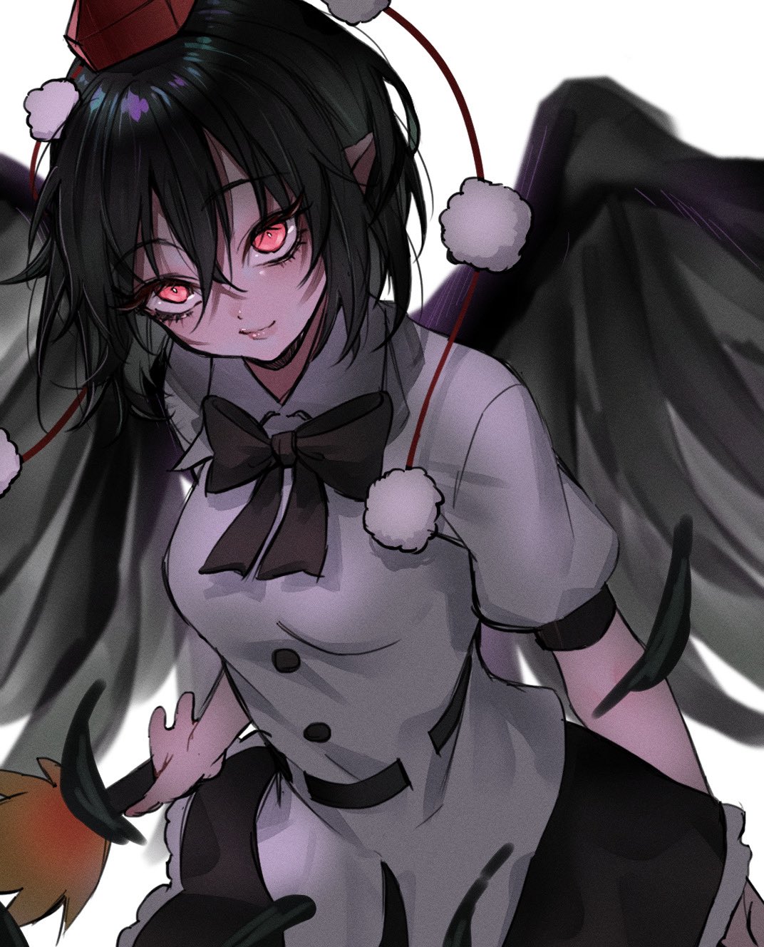 neon (co2co8), shameimaru aya, touhou, commentary, highres, 1girl, bird wings, black bow, black bowtie, black feathers, black hair, black skirt, black wings, bow, bowtie, breasts, closed mouth, collared shirt, falling feathers, feathers, hat, hauchiwa, looking at viewer, pointy ears, pom pom (clothes), puffy short sleeves, puffy sleeves, red eyes, red hat, shirt, short sleeves, simple background, skirt, smile, solo, tokin hat, white background, white shirt, wings