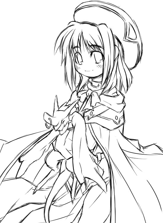 caro ru lushe, friedrich (nanoha), lyrical nanoha, mahou shoujo lyrical nanoha, mahou shoujo lyrical nanoha strikers, uniform, 00s, 1girl, beret, bow, cape, coat, dragon, dress, female focus, greyscale, hat, holding, lineart, long sleeves, magical girl, monochrome, monster, short hair, simple background, sketch, solo, white background