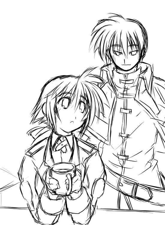 amy limietta, chrono harlaown, lyrical nanoha, mahou shoujo lyrical nanoha, mahou shoujo lyrical nanoha strikers, 00s, 1boy, 1girl, :o, belt, blush, buckle, cup, dress, greyscale, holding, long sleeves, looking back, monochrome, pants, parted lips, simple background, sketch, standing, white background