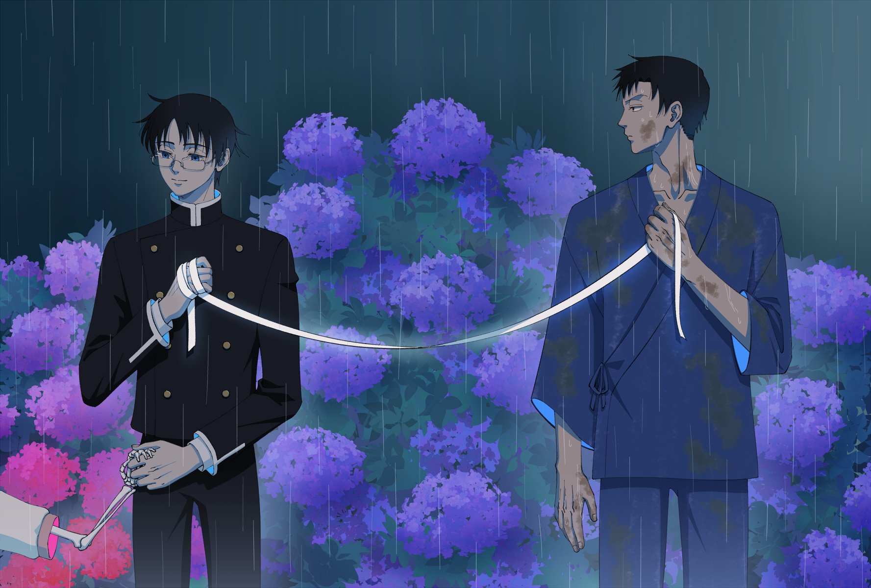 jrkain, doumeki shizuka, watanuki kimihiro, xxxholic, highres, 2boys, adam's apple, bandages, black hair, blue eyes, blue shirt, closed mouth, collarbone, flower, gakuran, hydrangea, injury, long sleeves, looking at another, male focus, multiple boys, pink flower, purple flower, rain, rectangular eyewear, school uniform, shirt, skeletal arm