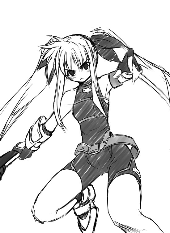 bardiche (nanoha), fate testarossa, fate testarossa (sonic form), lyrical nanoha, mahou shoujo lyrical nanoha, mahou shoujo lyrical nanoha a's, 00s, 1girl, female focus, greyscale, monochrome, sketch, solo