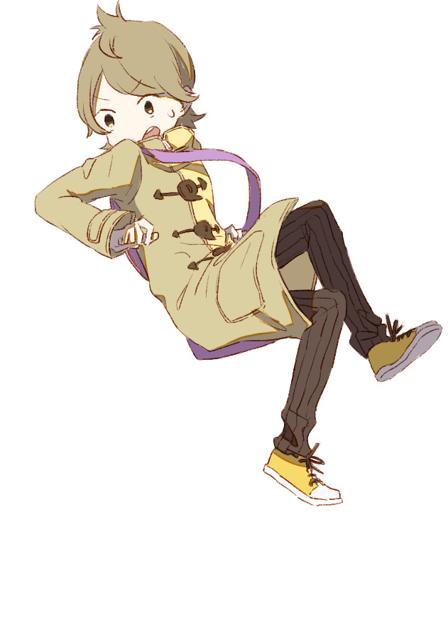akadaidai, gamon yuuta, occultic;nine, science adventure, 1boy, black pants, coat, deformed, from side, full body, green coat, green eyes, green hair, looking to the side, male focus, multicolored coat, nervous sweating, open mouth, pants, shoes, short hair, simple background, sneakers, solo, surprised, sweat, teeth, upper teeth only, white background, yellow coat, yellow shoes